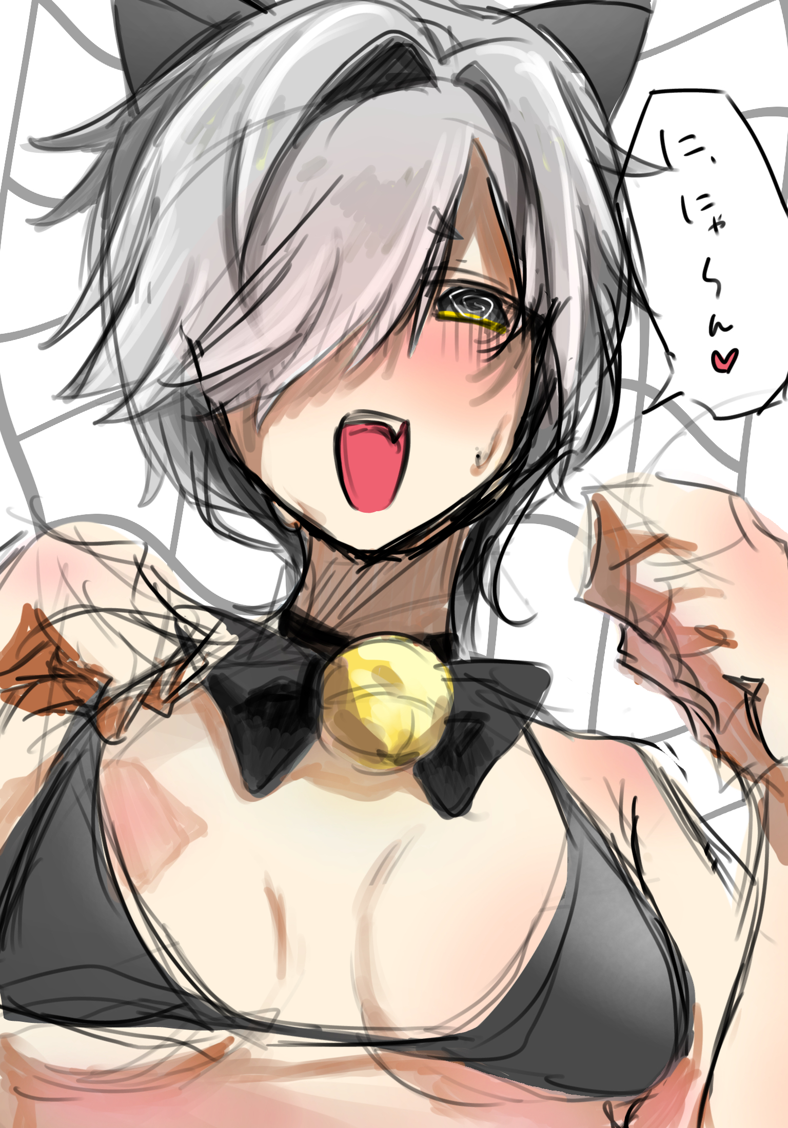 1girls, artist request, bell collar, black bowtie, black bra, blush, blush lines, brawl stars, breasts, cat ears, catgirl, colette (brawl stars), fangs, female, hair, hair over one eye, happy, highres, hypnotized, japanese text, light skin, light-skinned female, meowing, open mouth, short hair, small breasts, text, translation request, white hair, yellow eyes
