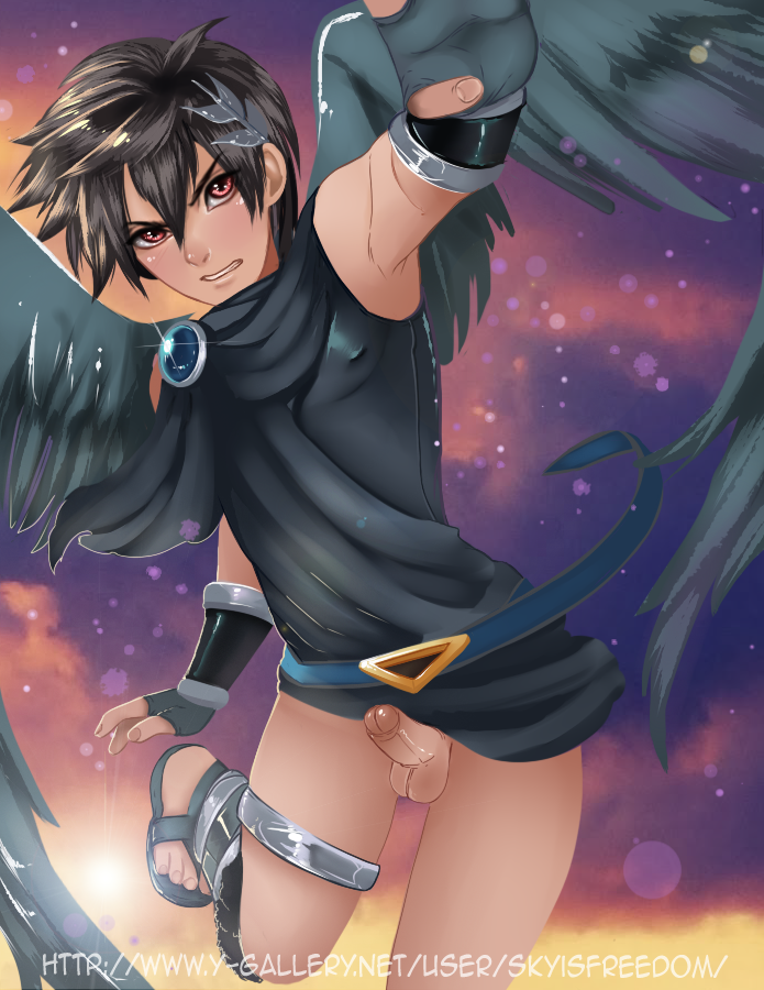 1boy belt black_hair dark_pit gauntlets hair_ornament kid_icarus male_only penis red_eyes short_hair skyisfreedom solo v wings