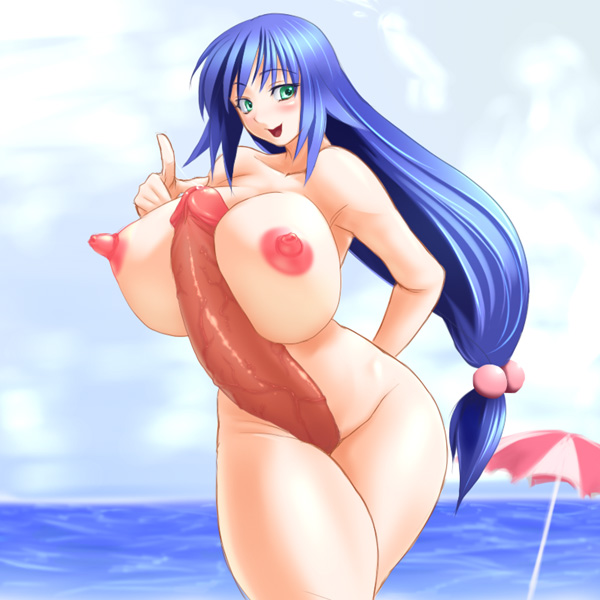 1futa areolae beach beach_umbrella blue_hair blue_sky blush breasts cloud cowboy_shot curvy erect_nipples futa_only futanari green_eyes hair hair_ornament huge_breasts huge_cock intersex long_hair looking_at_viewer nipples ocean open_mouth outdoors penis precum smile solo standing sticky_fingers thick_thighs water wide_hips