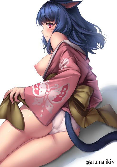 animal_ears aruma_jiki ass blue_hair blush breasts cat_ears cat_tail facial_mark final_fantasy final_fantasy_xiv miqo'te nipples open_clothes panties red_eyes tail