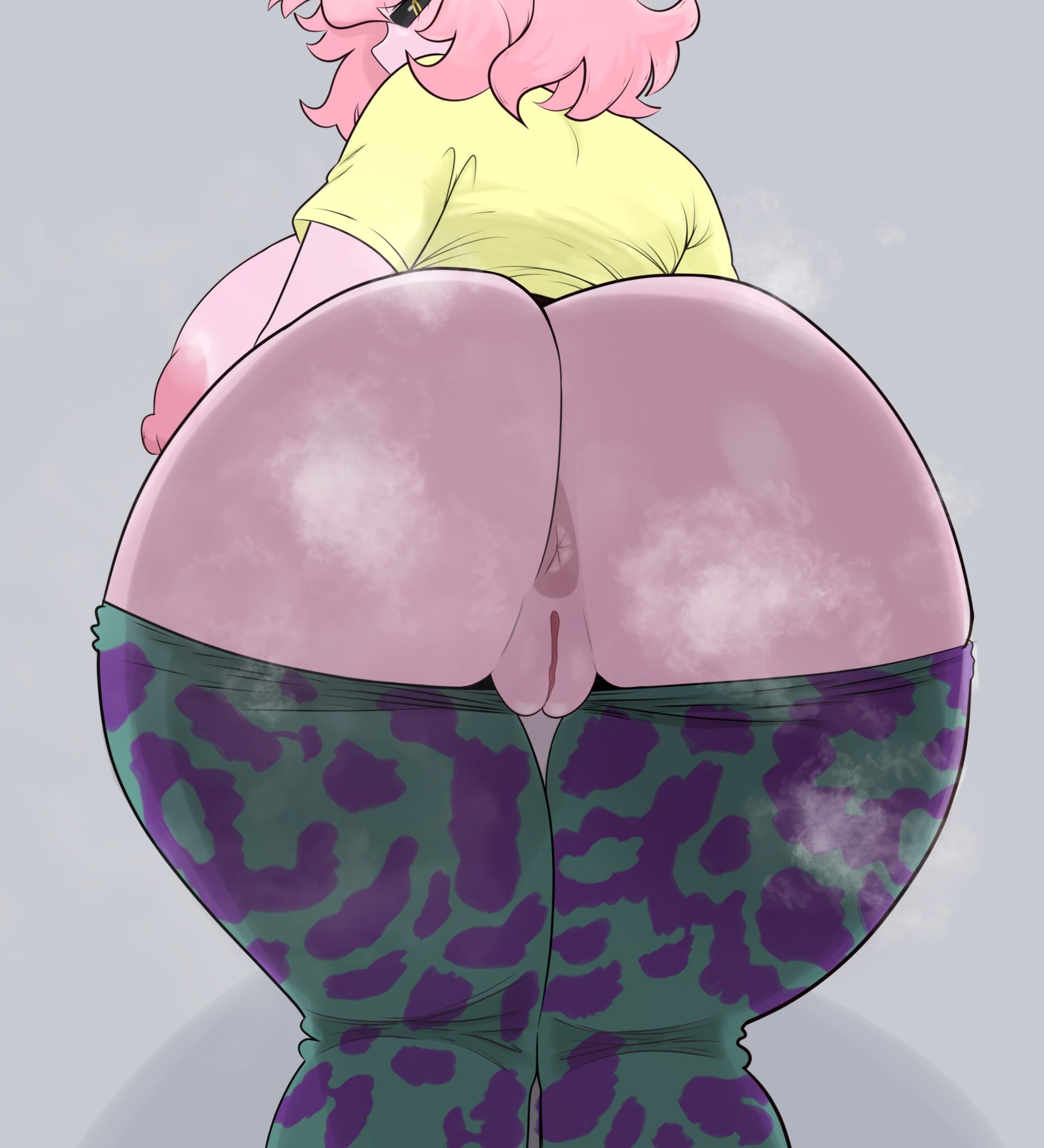 anus, areolae, ass focus, back view, big breasts, black sclera, boku no hero academia, clothed, down angle, female only, hi res, huge ass, lexusart616, looking back at viewer, mina ashido, my hero academia, nipples, pants, pants down, pink body, pink hair, pussy, pussy lips, shirt, solo female, teenager, veluxxx, voluptuous, wide hips