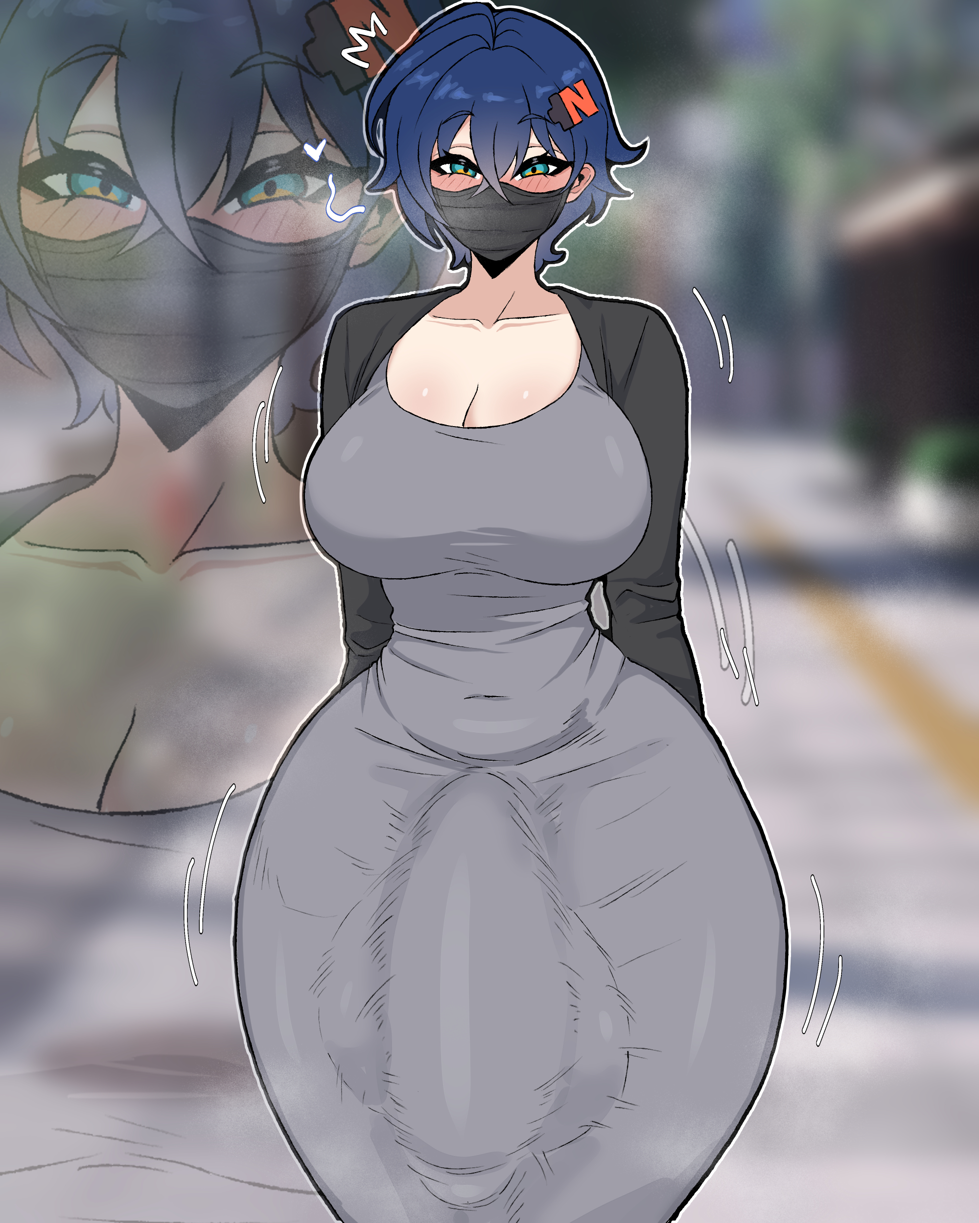 1futa, 2026, 2d, 2d (artwork), balls, ballsack, bedroom eyes, belle (zenless zone zero), belly, belly button, belly button visible through clothing, big balls, big breasts, big bulge, big cock, big penis, big testicles, big thighs, blue eyes, blue hair, blush, blush lines, blushing, breasts, bulge, bulge through clothing, clothed, clothing, cock, collarbone, curvaceous, curvy, curvy figure, dick, dickgirl, dickgirl only, erect penis, erection, erection under clothes, erection under clothing, face mask, facemask, fat cock, futa only, futanari, genitals, hi res, highres, hourglass figure, hoyoverse, huge balls, huge cock, huge penis, huge testicles, huge thighs, imminent fellatio, imminent oral, intersex, intersex only, large balls, large breasts, large cock, large penis, large testicles, large thighs, looking at viewer, mask, masked, mihoyo, motion lines, navel, navel visible through clothes, neus, penis, pent up, short hair, slim, slim waist, smiling at viewer, solo, solo futa, steam, testicles, thick, thick hips, thick legs, thick thighs, thighs, throbbing penis, tight clothing, waist, wide hips, zenless zone zero