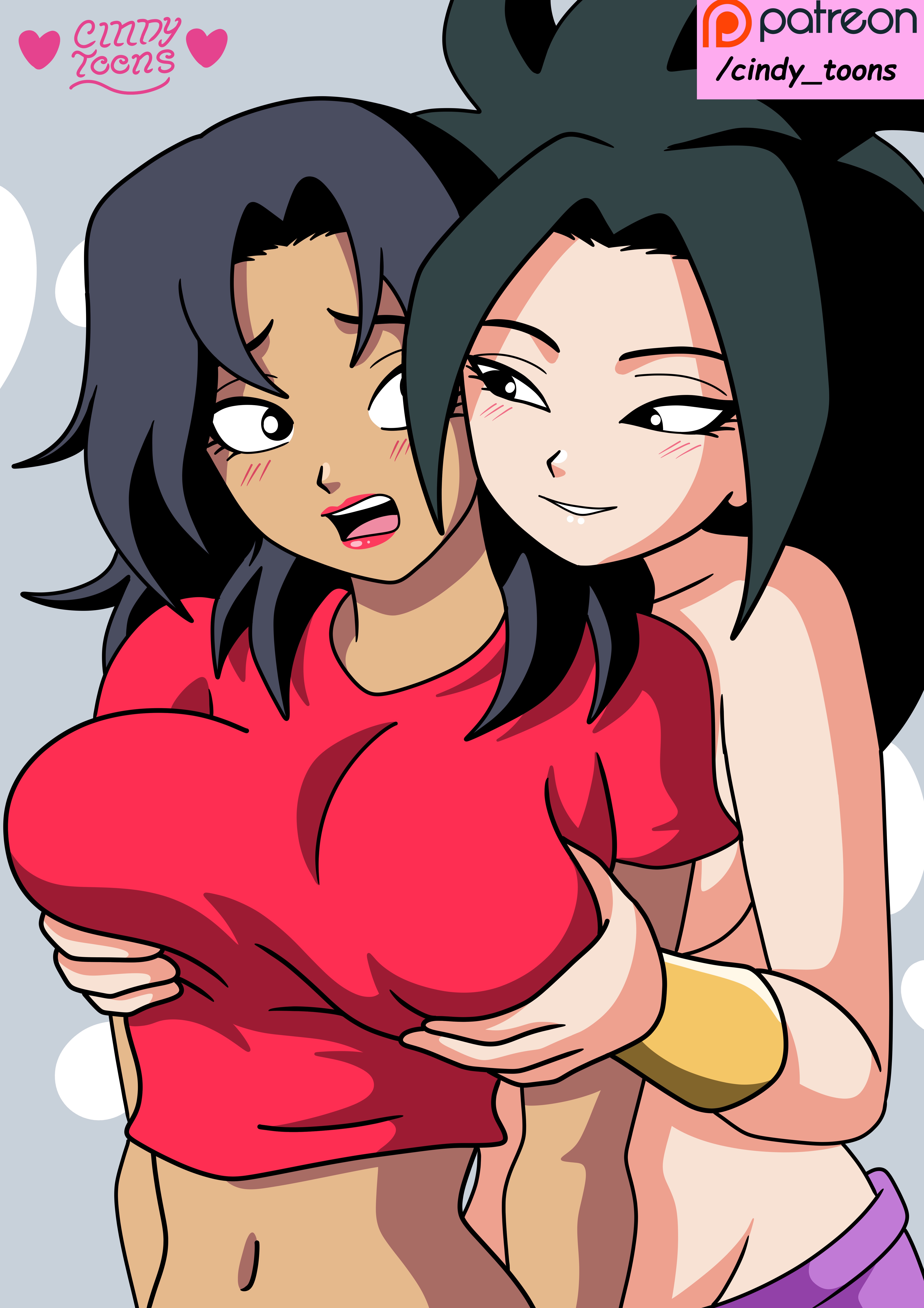 2girls, belly button, black hair, blush, blush lines, blushing, breast, breast grab, breasts, breasts grabbed from behind, caulifla, caulifla (dragon ball), cindy toons, dragon ball, dragon ball super, kale, kale (dragon ball), lips, lipstick, long hair, red lips, red lipstick, red shirt, saiyan, saiyan female, saiyan girl, shirt, tit, tits, tits grab, topless, two girls