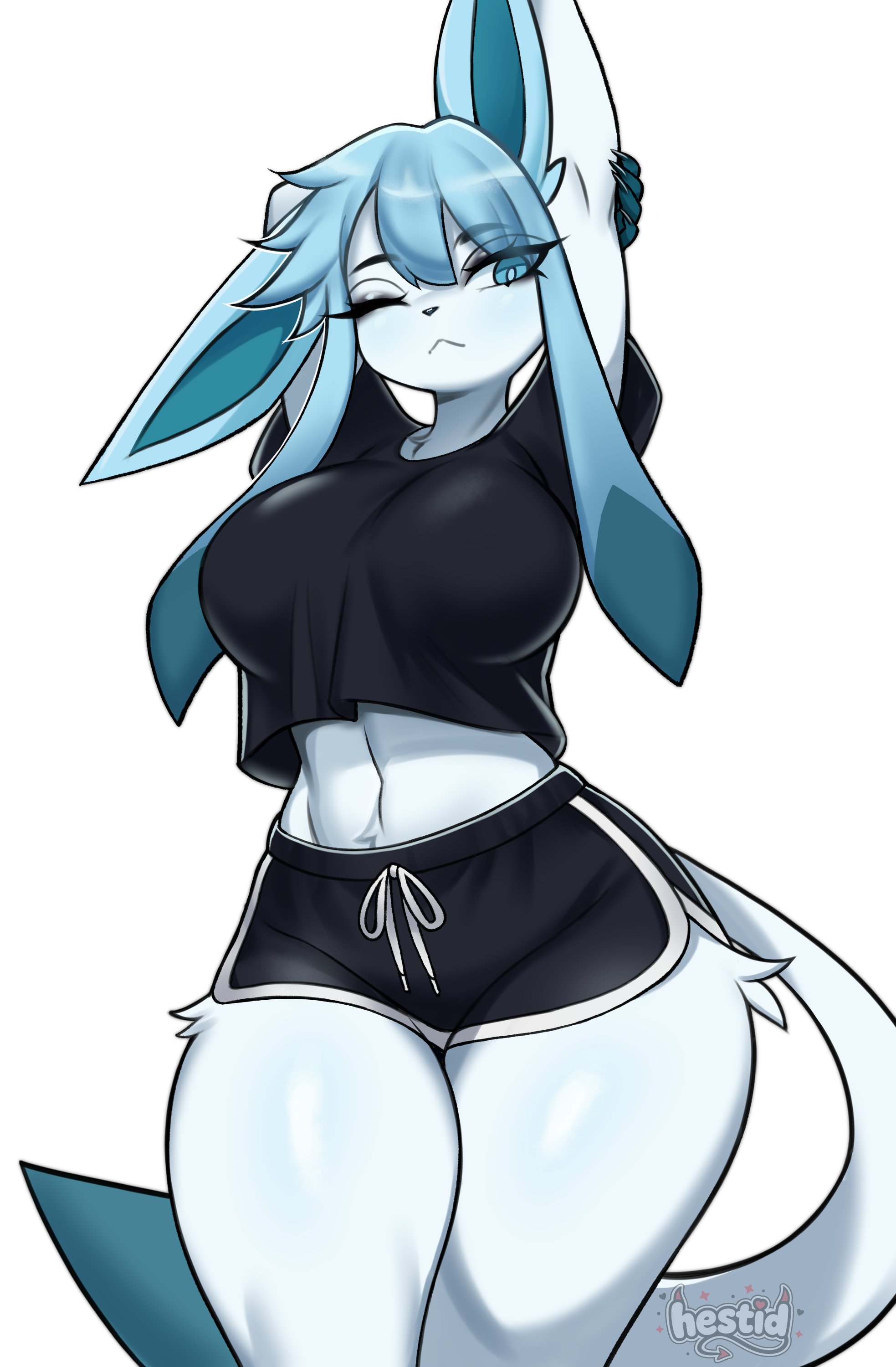 anthro, blue body, blue eyes, ear piercing, eeveelution, generation 4 pokemon, glaceon, hestid, hi res, looking at viewer, nintendo, pokemon, pokemon (species), solo