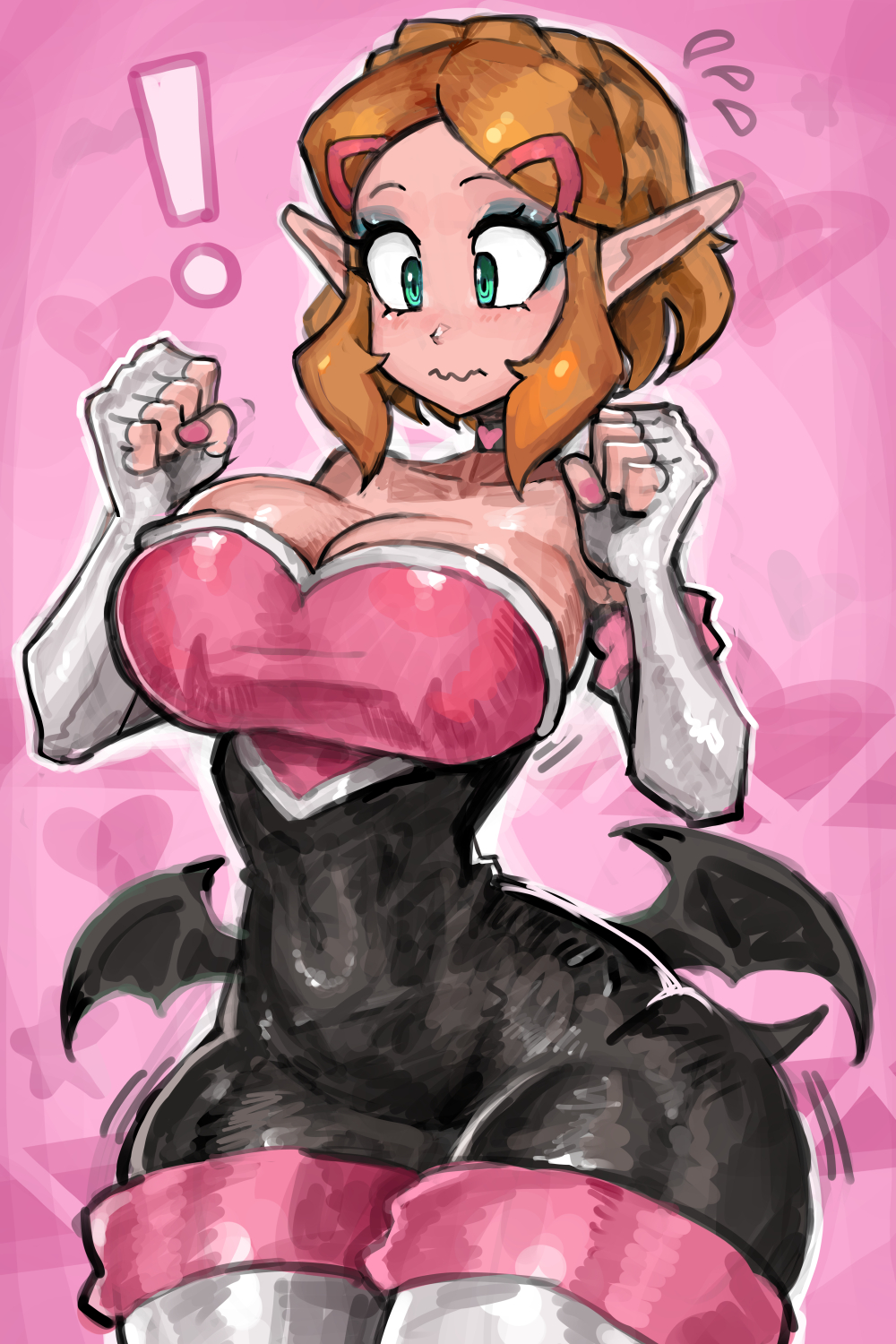 1girls, bare shoulders, big breasts, breasts, cleavage, commentary, cosplay, elbow gloves, fingerless gloves, gloves, green eyes, highres, large breasts, nintendo, pink background, pointy ears, princess zelda, rouge the bat (cosplay), saiykik, sega, solo, sonic (series), sonic the hedgehog (series), tears of the kingdom, the legend of zelda, the legend of zelda: tears of the kingdom, thick thighs, thighs, white gloves, wide hips, zelda (tears of the kingdom)
