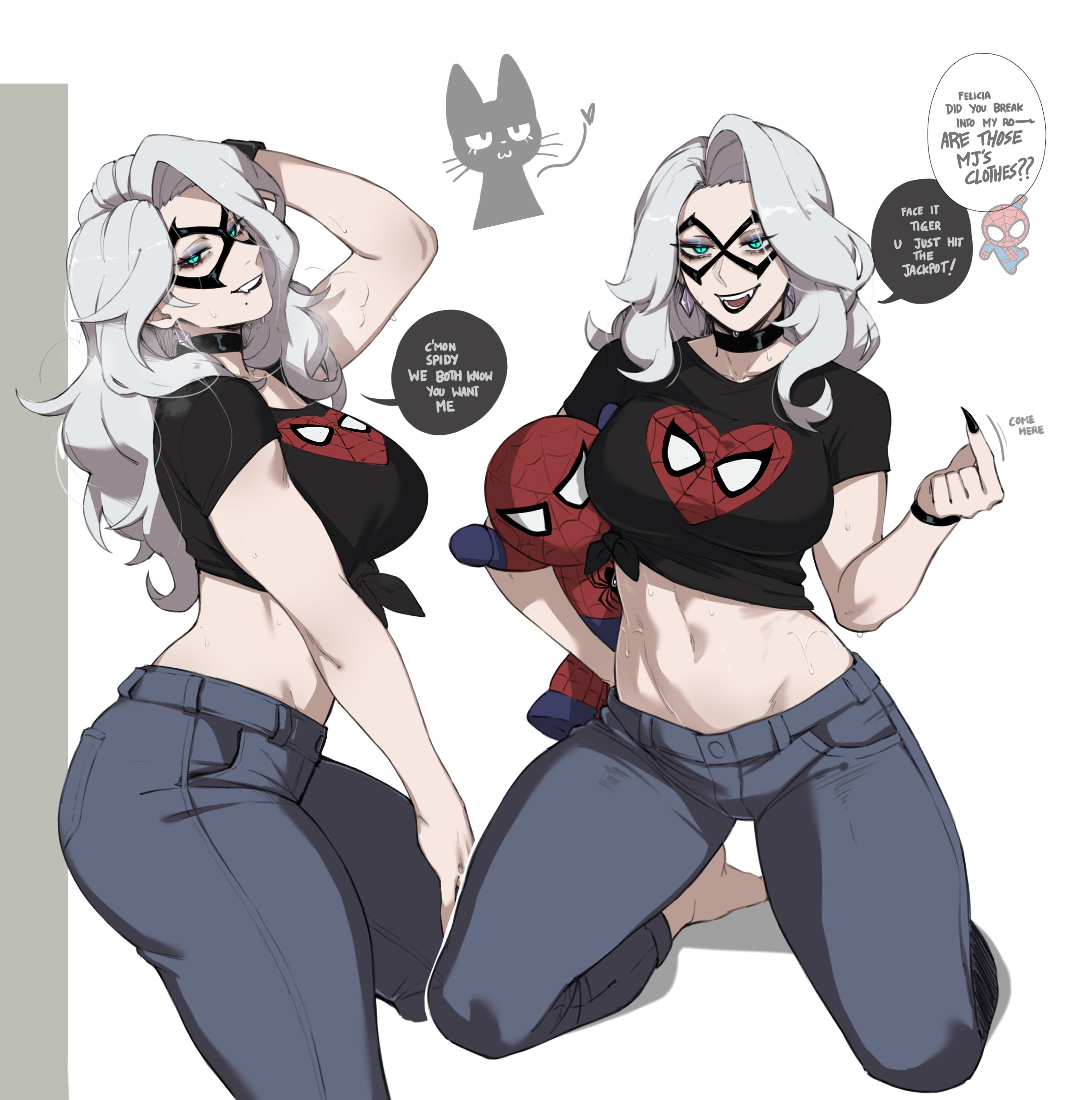 1girls, 2026, 2d, 2d (artwork), ass, big ass, big breasts, black cat (marvel rivals), black cat (marvel), black nails, blush, body, boobs, breasts, color, fat ass, feet, felicia hardy, female, female only, fully clothed, hero, heroine, hi res, highres, jeans, large breasts, light skin, light-skinned female, lipstick, long hair, long nails, looking at viewer, marvel, marvel cinematic universe, marvel comics, marvel rivals, mask, masked female, masoq095, multiple views, nail polish, perfect body, peter parker, plushie, sexy, sexy body, shirt, simple background, slim, slim waist, smile, smiling at viewer, solo, solo female, speech bubble, spider-man, superheroine, sweat, text, thick thighs, thighs, voluptuous female, waist, white background, white hair