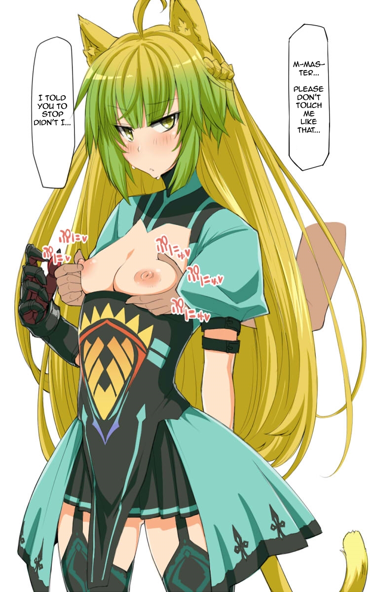 ahoge animal_ears atalanta_(fate) blonde_hair blush breast_grab breasts breasts_out cat_ears cat_tail demekyon fate/apocrypha fate/grand_order fate_(series) green_eyes green_hair highres multicolored_hair nipple_tweak nipples small_breasts tail thighs white_background