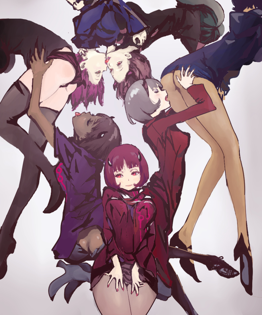 6+girls ass black_hair breasts coat dark_skin female grey_background grey_hair horns juju_(artist) mira_(world_trigger) multiple_girls panties pantyhose pink_eyes purple_hair shoes short_hair short_shorts shorts world_trigger yuri