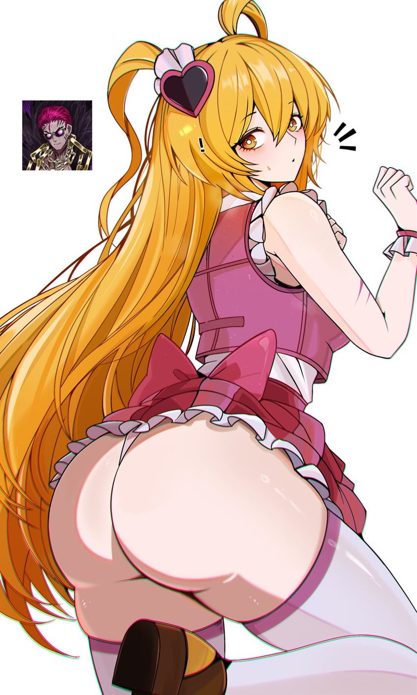 1boy, 1girls, ass, better version at source, blonde hair, blush, bow, bowtie, brown shoes, cute, don quixote (limbus company), e.g.o (project moon), from behind, hair ornament, heart, in the name of love and hate (e.g.o), large ass, limbus company, long hair, looking at viewer, looking back, m ayonessa, magical girl, panties, pink skirt, project moon, repost, ricardo (limbus company), shirt, shoes, skindentation, skirt, solo, surprised, tattoo, thick, thighs, twintails, underwear, upskirt, white background, white panties, yellow eyes