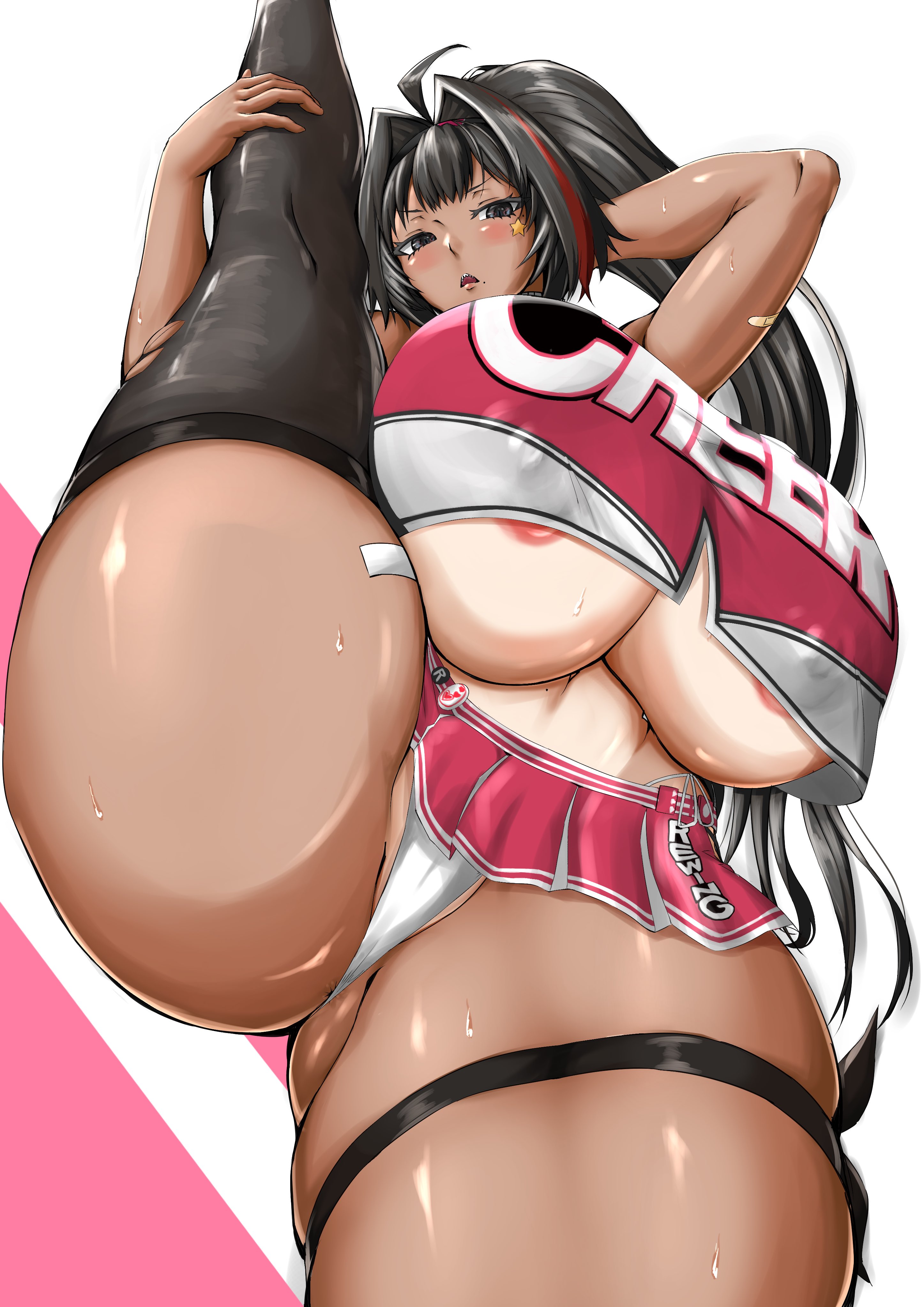 1girl, ahoge, anus, anus peek, areola slip, arm behind head, arm up, bandaid, bandaid on arm, bay (nikke), black eyes, black hair, black thighhighs, blush, breasts, cameltoe, cheerleader, cleavage, crop top, dark skin, dark-skinned female, gigantic breasts, gluteal fold, goddess of victory: nikke, hair intakes, huge breasts, kintsuba (kintsuba 08), lips, long hair, miniskirt, mole, mole under eye, open mouth, panties, ponytail, red shirt, red skirt, sharp teeth, shirt, skirt, sleeveless, sleeveless shirt, solo, split, standing, standing on one leg, standing split, star on cheek, sweat, tanline, teeth, thick thighs, thigh strap, thighhighs, thighs, torn clothes, torn thighhighs, underboob, underwear, upper teeth only, upskirt, wedgie, white background, white panties