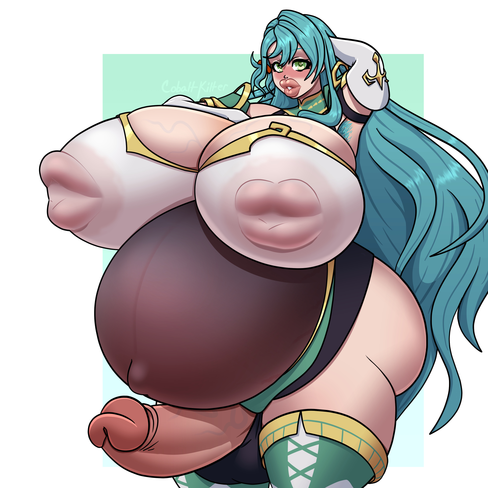 1futa, armpit hair, armpits, big ass, big lips, big penis, bimbo lips, blue hair, breasts bigger than head, chloe (fire emblem), cobaltkilter, erection, fire emblem, fire emblem engage, futanari, green eyes, hi res, highres, huge belly, huge breasts, huge cock, large penis, lipples, long hair, nipple bulge, nipples visible through clothing, penis, penis bigger than head, pregnant, pregnant belly, pregnant futa, simple background, solo, solo futa, thick thighs, veiny breasts, veiny penis, very long hair