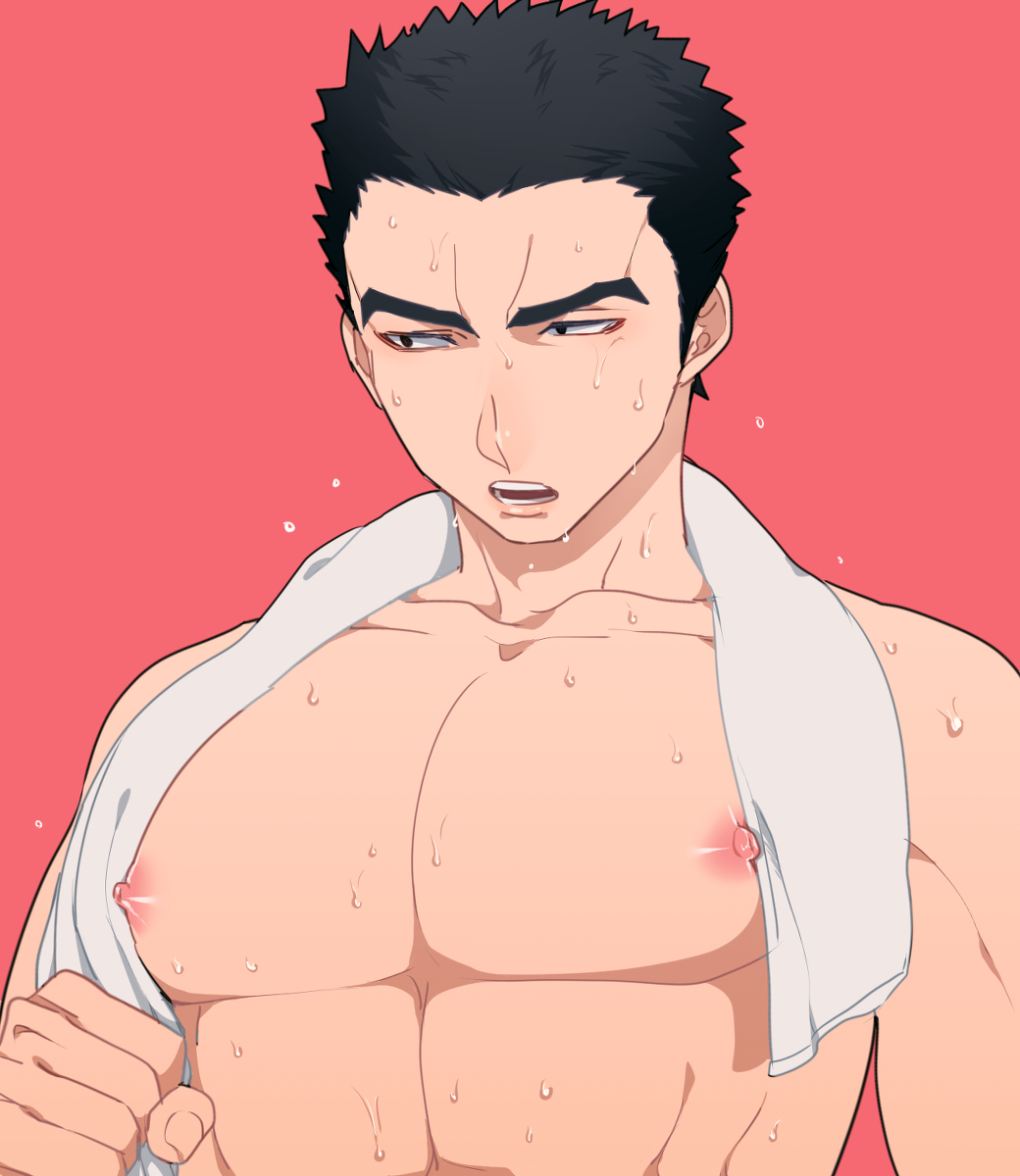 1boy abs akihiro_altland bibinba black_hair gundam male male_focus male_only muscle nipples pecs short_hair simple_background solo sweat topless towel water