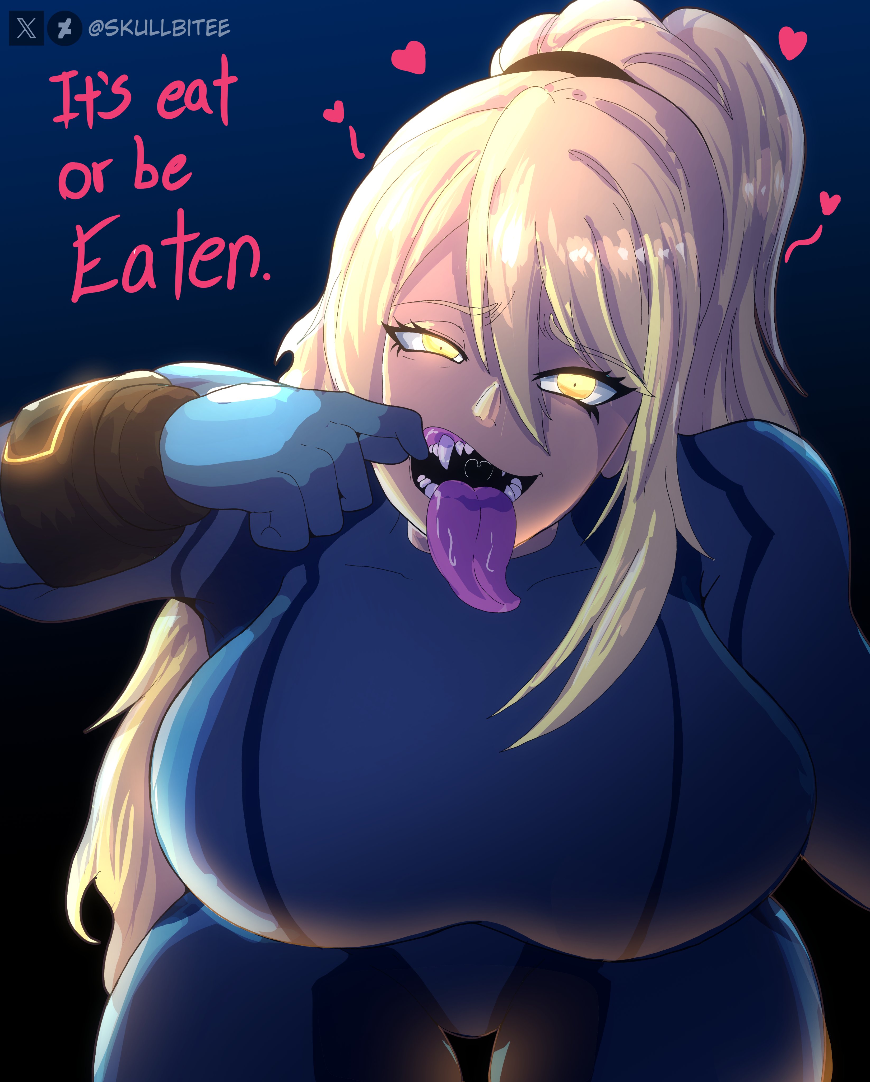 1girls, big breasts, blonde hair, dialogue, english text, heart, inviting, large breasts, looking at viewer, metroid, metroid ravenous, nintendo, ponytail, saliva, samus aran, sharp teeth, skullbitee, tagme, thick thighs, tongue out, wide hips, yellow eyes, zero suit samus