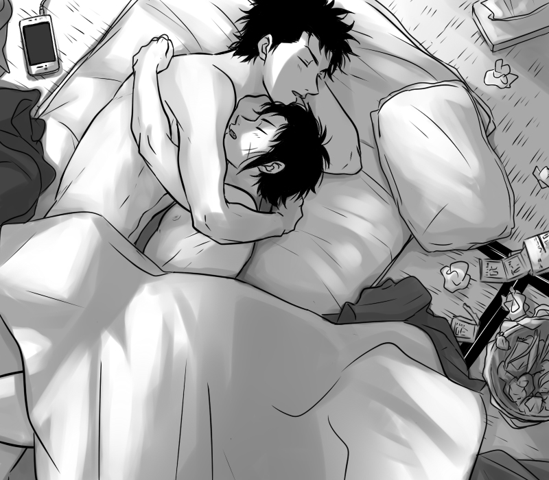 2boys ace_of_diamond after_sex bed condom condom_box condom_packet_strip condom_wrapper male_only monochrome multiple_boys muscle nude pillow sanada_shunpei scar size_difference sleeping tagme tissue todoroki_raichi used_tissue yaoi