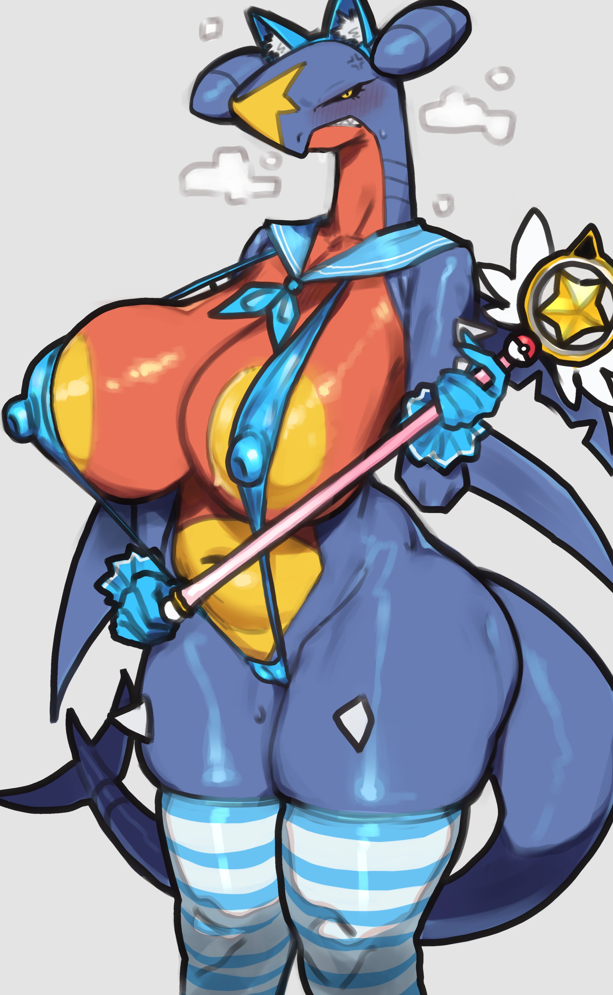 1girls, anthro, anthro female, big breasts, blue bikini, blue sling bikini, blue slingshot swimsuit, blue stockings, cat ears, cat ears hairband, ebora, female, furry, garchomp, gloves, huge breasts, magic staff, magical girl, nsfw, pokemon, raebo, sexy, shark, sling bikini, slingshot bikini, slingshot swimsuit, staff, stockings, tail, tatsuno saori, thick thighs, yani neko
