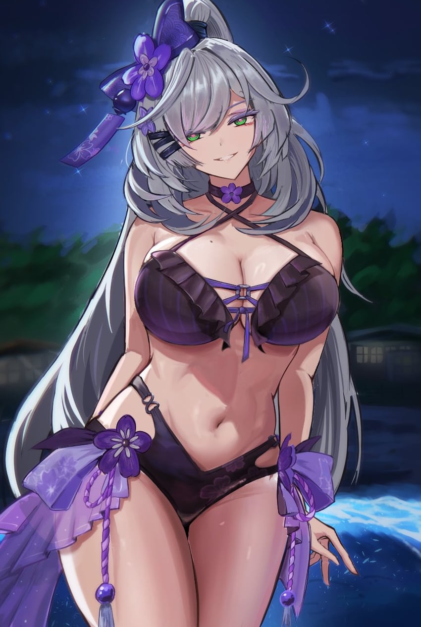 1girl, bikini, black bikini, breasts, cleavage, commentary, flower, green eyes, grey hair, grin, hair flower, hair ornament, high ponytail, highres, large breasts, long hair, looking at viewer, mole, mole on breast, navel, neverness to everness, night, official alternate costume, outdoors, ponytail, smile, solo, stomach, swimsuit, tagme, tagme (artist), thighs, very long hair, water, zankou (neverness to everness)