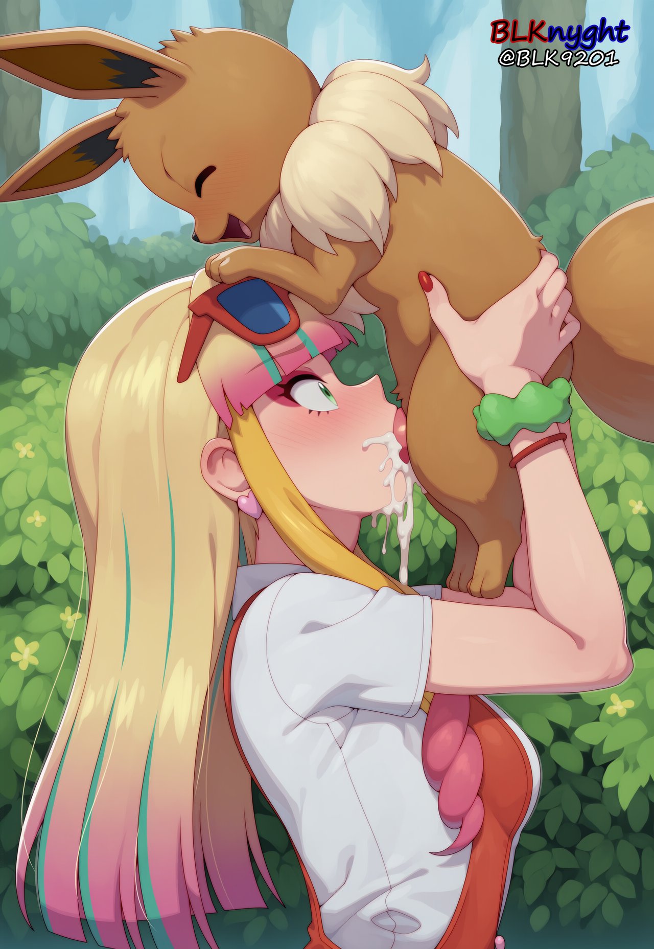 1boy, 1girls, ai generated, ai-assisted, bestiality, blk9201, blowjob, bracelet, cum, eevee, eyeshadow, feral, green eyes, makeup, male eevee, multicolored hair, nail polish, oral, outdoors, outside, pink eyeshadow, pokemon, pokemon (anime), pokemon (movie), pokemon (species), pokemon the movie: the power of us, pokephilia, red nails, risa (pokemon), sunglasses, sunglasses on head