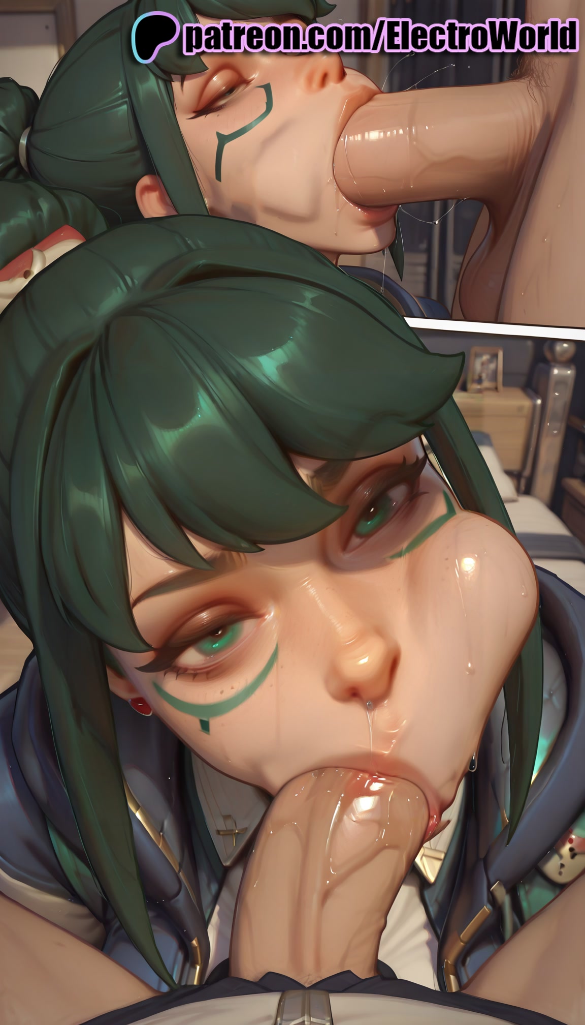 1boy, 1girls, 2025, ai generated, artist name, blowjob, blowjob face, cheek bulge, cock, dark skin, dark-skinned female, dick, earrings, electroworld, fellatio, female, green hair, hi res, high quality, high resolution, highres, kiriko (overwatch), kiriko kamori, licking, lips, lipstick, makeup, male, nose, oral, oral sex, overwatch, overwatch 2, overwatch league, patreon, patreon username, penis, sophomore kamori, stable diffusion, straight, sucking, uncensored, watermark