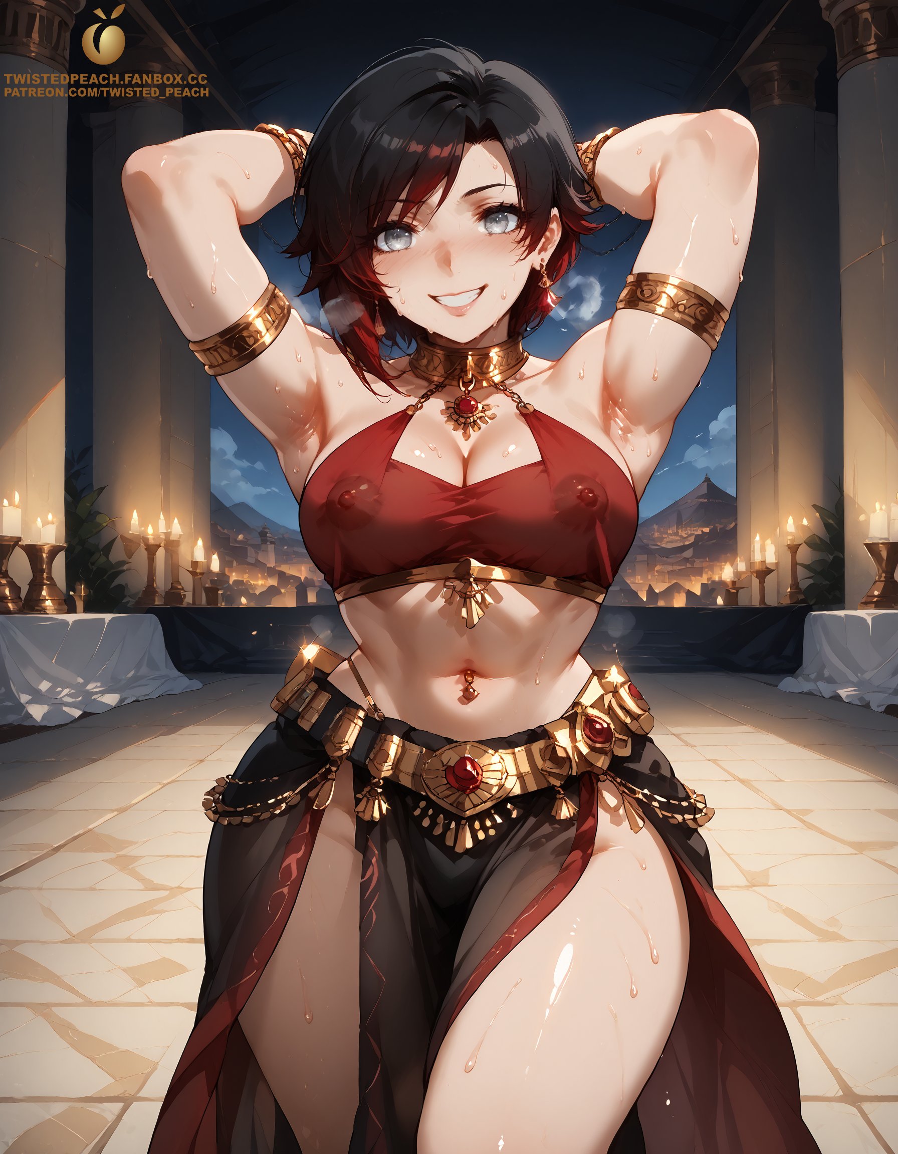 ai generated, armpits, arms behind head, arms up, belly dancer, belly dancer outfit, black hair, covered nipples, dancing, erotic costume, female, female only, hands behind head, harem girl, harem outfit, multicolored hair, navel piercing, nipple bulge, nipple outline, pose, posing, red hair, ruby rose, rwby, silver eyes, smile, smiling at viewer, solo, solo female, solo focus, standing, sweat, sweatdrop, sweating, tagme, twistedpeach, two-tone hair