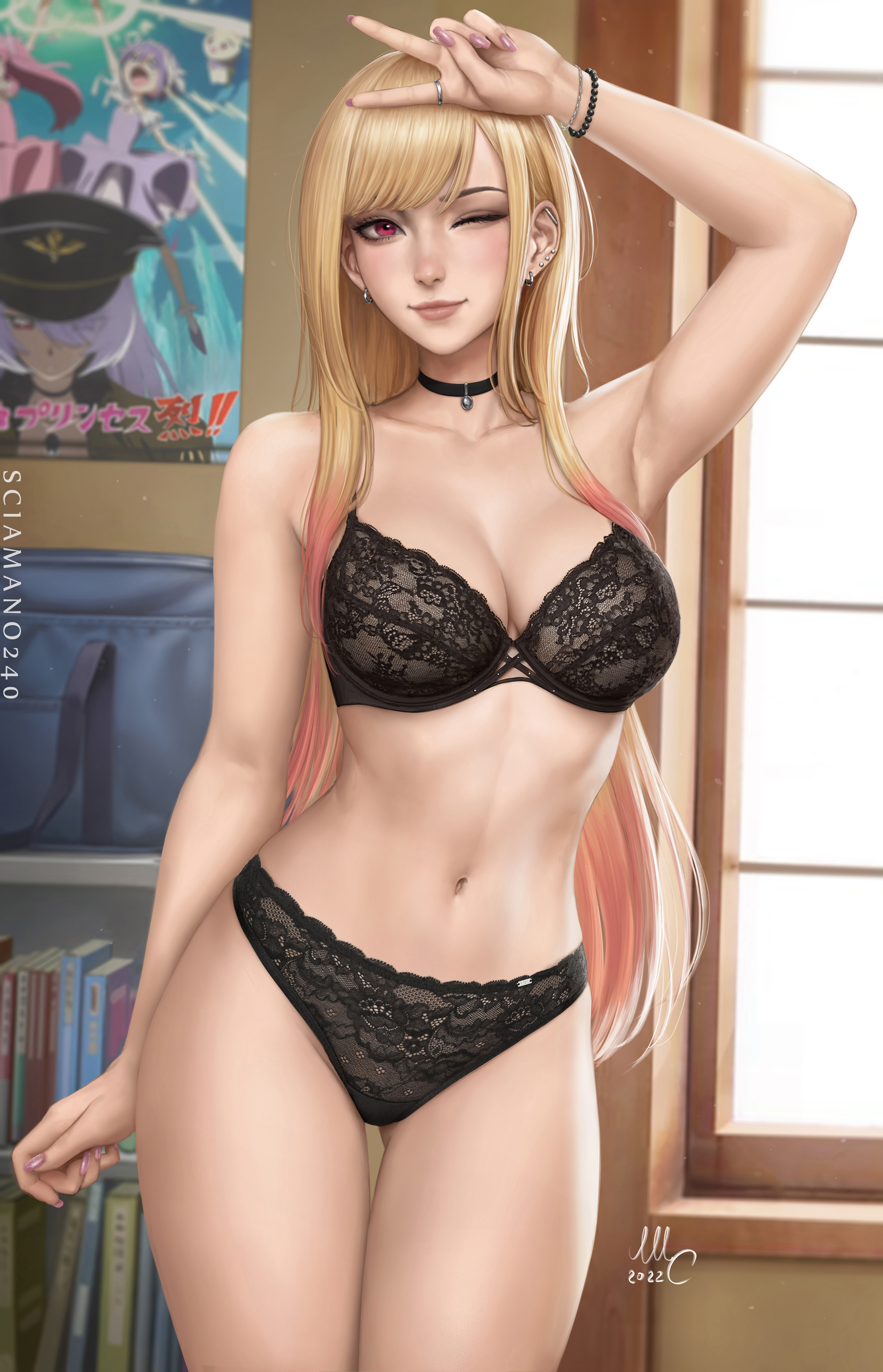 arm up, armpits, artist name, bag, barbell piercing, black bra, black choker, black panties, blonde hair, book, bookshelf, bra, bracelet, breasts, cg, choker, cleavage, closed mouth, collarbone, colored tips, cowboy shot, ear piercing, earrings, female, fingernails, gradient hair, gyaru, hi res, highres, indoors, industrial piercing, jewelry, kitagawa marin, lace, lace-trimmed bra, lace-trimmed panties, large breasts, lingerie, lips, long fingernails, long hair, looking at viewer, medium breasts, multicolored hair, nail polish, navel, one eye closed, panties, patreon username, piercing, pink hair, pink nails, poster (object), red eyes, ring, sciamano240, signature, smile, solo, sono bisque doll wa koi wo suru, standing, stomach, thigh gap, thighs, underwear, underwear only, v, window