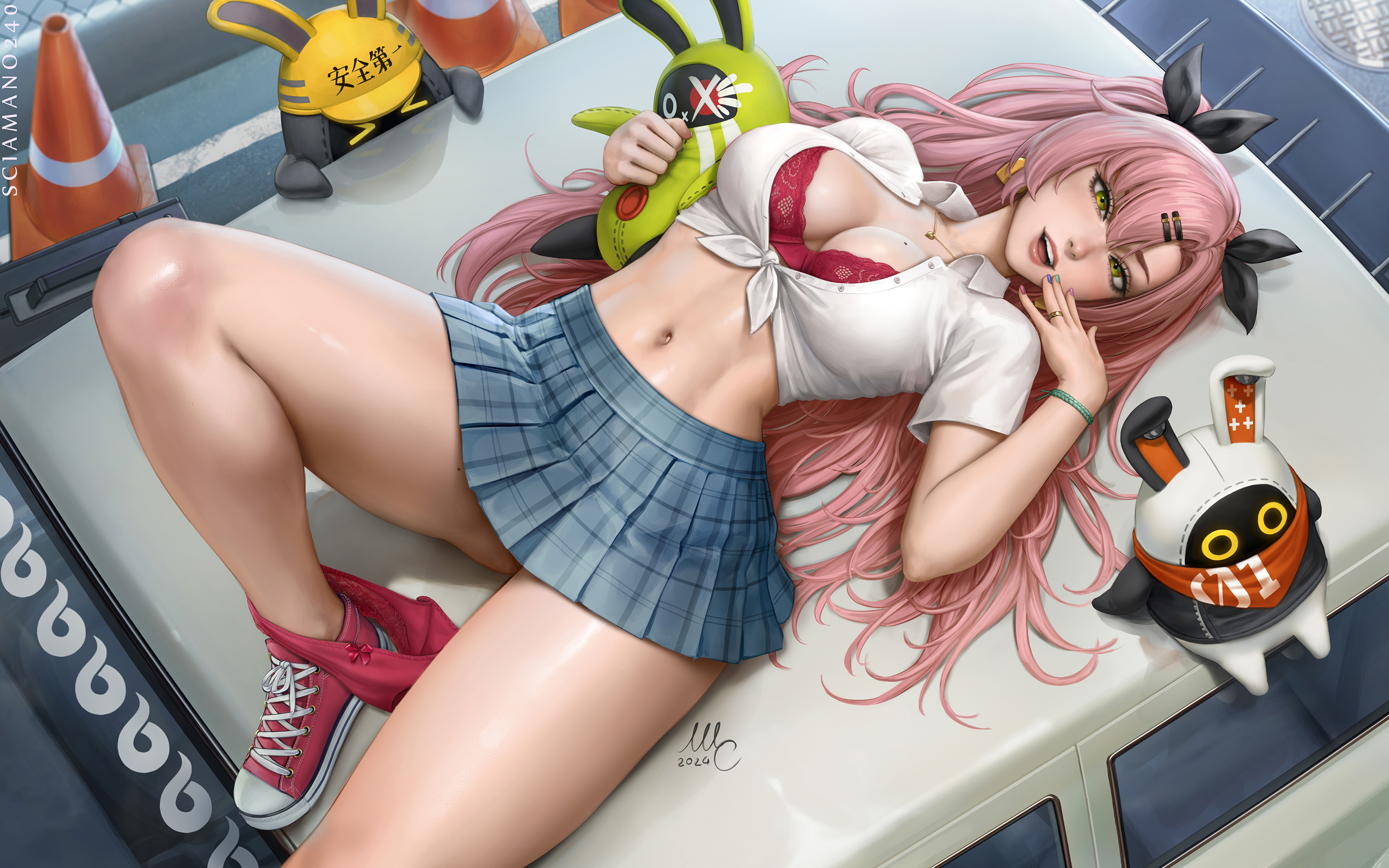artist name, bare legs, black ribbon, blue skirt, bra, breasts, cg, cleavage, converse, crop top, earrings, female, green eyes, hair ornament, hair ribbon, hairclip, hand up, heart earrings, holding, jewelry, large breasts, lips, long hair, looking at viewer, lying, midriff, miniskirt, mole, mole on breast, mole on thigh, nail polish, navel, necklace, nicole demara, on back, open mouth, panties, panties around one leg, parted lips, patreon username, pink hair, pink lips, plaid, plaid skirt, pleated skirt, red bra, red panties, sciamano240, shirt, shoes, short sleeves, skirt, sneakers, solo, stomach, stuffed animal, stuffed toy, thighs, traffic cone, two side up, underwear, very long hair, white shirt, zenless zone zero