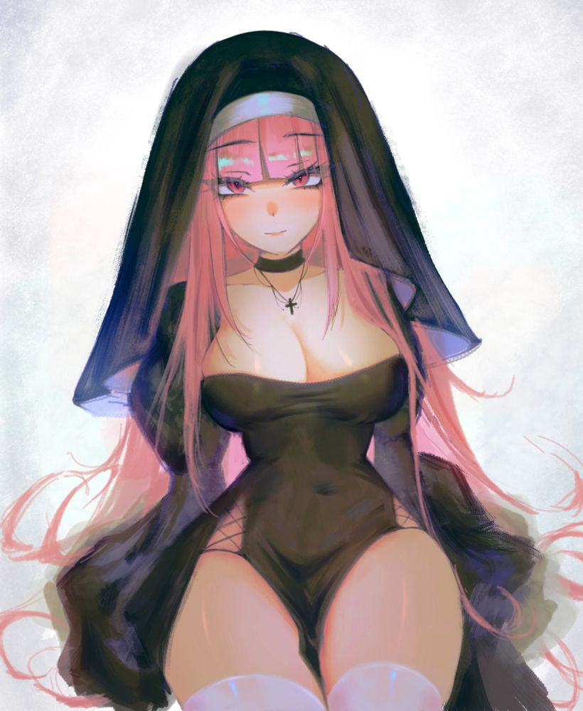 1girls, adult, adult female, arm support, big breasts, black choker, black clothes, black dress, black outfit, black topwear, blank expression, blank eyes, blank stare, blunt bangs, breasts, busty, busty female, choker, cleavage, clothes, collarbone, curvaceous, curvaceous body, curvaceous female, curvaceous figure, curvaceous hips, curvy, curvy body, curvy female, curvy figure, curvy hips, digital, digital art, digital drawing, digital drawing (artwork), digital media, digital media (artwork), dress, emotionless, female, female focus, female only, high resolution, highres, hololive, hololive english, hololive myth, hourglass figure, large boobs, large breasts, lean figure, legwear, lips, long hair, looking at viewer, mature, mature female, mori calliope, narrow waist, necklace, neutral expression, nun, nun outfit, outfit, pink eyes, pink hair, pink-eyed female, pink-haired female, plump breasts, s7nsles, simple background, sitting, slender body, slender waist, slim waist, solo, stockings, thick thighs, thigh highs, thighhighs, thighs, topwear, upper body, very long hair, very long-haired female, virtual youtuber, white background, white legwear, white stockings, white thigh highs, white thighhighs, wide hips