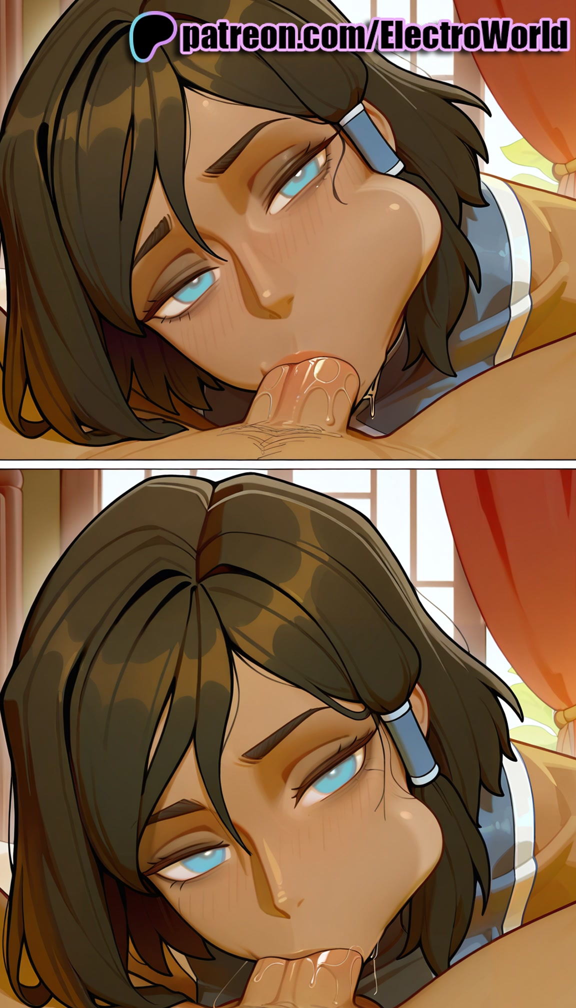 :>=, 1girls, 2025, 2girls, ai generated, artist name, avatar legends, blowjob, blowjob face, blue eyes, brown hair, cheek bulge, cock, cum, cum in mouth, dark-skinned female, deepthroat, dick, electroworld, english text, fellatio, female, hair tubes, hi res, high quality, high resolution, highres, korra, licking, looking at viewer, male, multiple fellatio, multiple females, multiple girls, oral, oral sex, patreon, patreon username, penis, pov, short hair, stable diffusion, straight, sucking, the legend of korra, uncensored, under the table, watermark