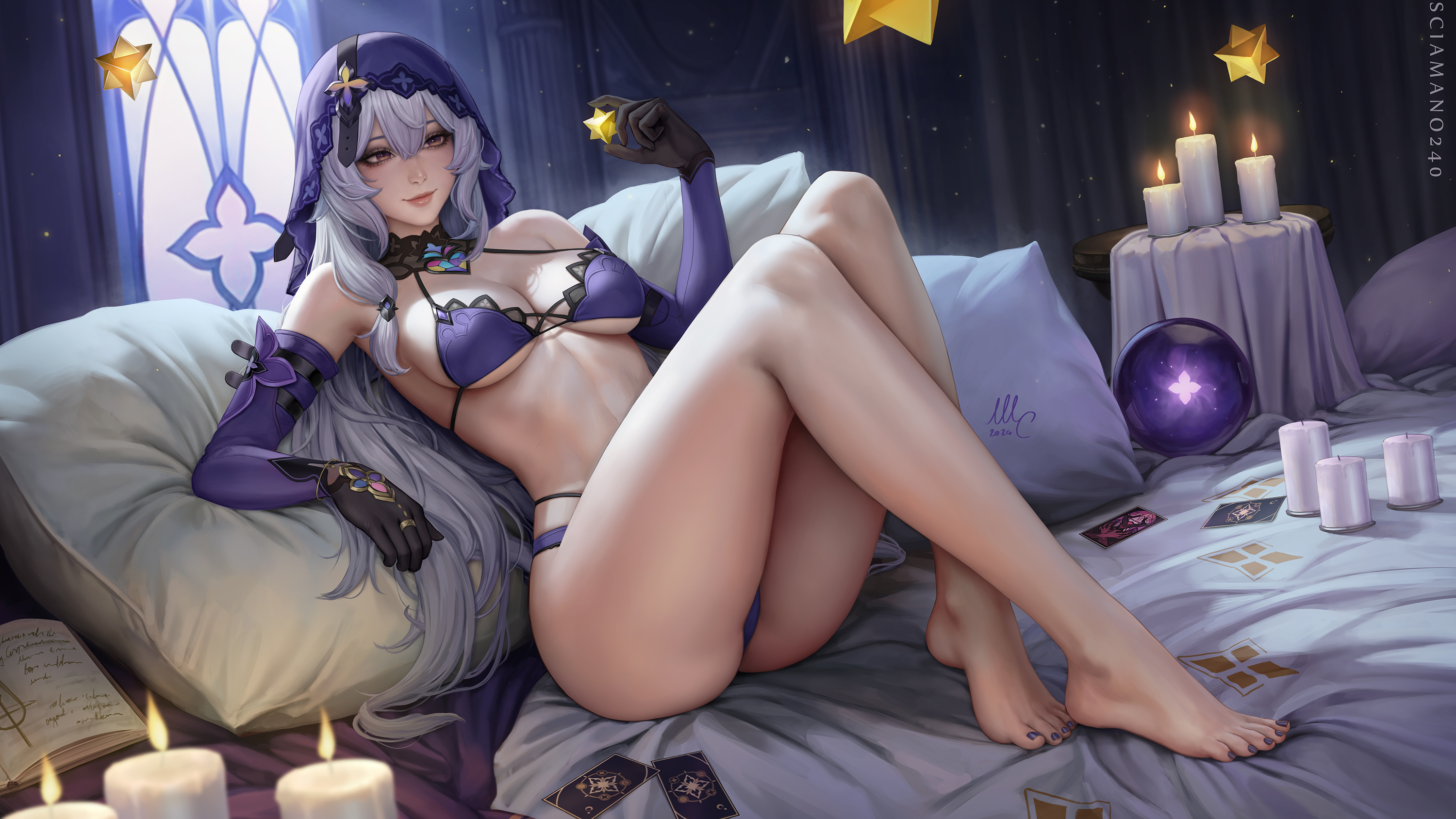 ass, bare legs, bare shoulders, barefoot, black gloves, black swan (honkai: star rail), book, bra, breasts, candle, card, cg, cleavage, crystal ball, elbow gloves, feet, female, full body, gloves, grey hair, holding, holding card, honkai: star rail, indoors, knees up, large breasts, legs, long hair, looking at viewer, nail polish, panties, patreon username, pillow, purple eyes, sciamano240, sitting, smile, solo, thighs, toenail polish, toenails, toes, underwear, veil, very long hair