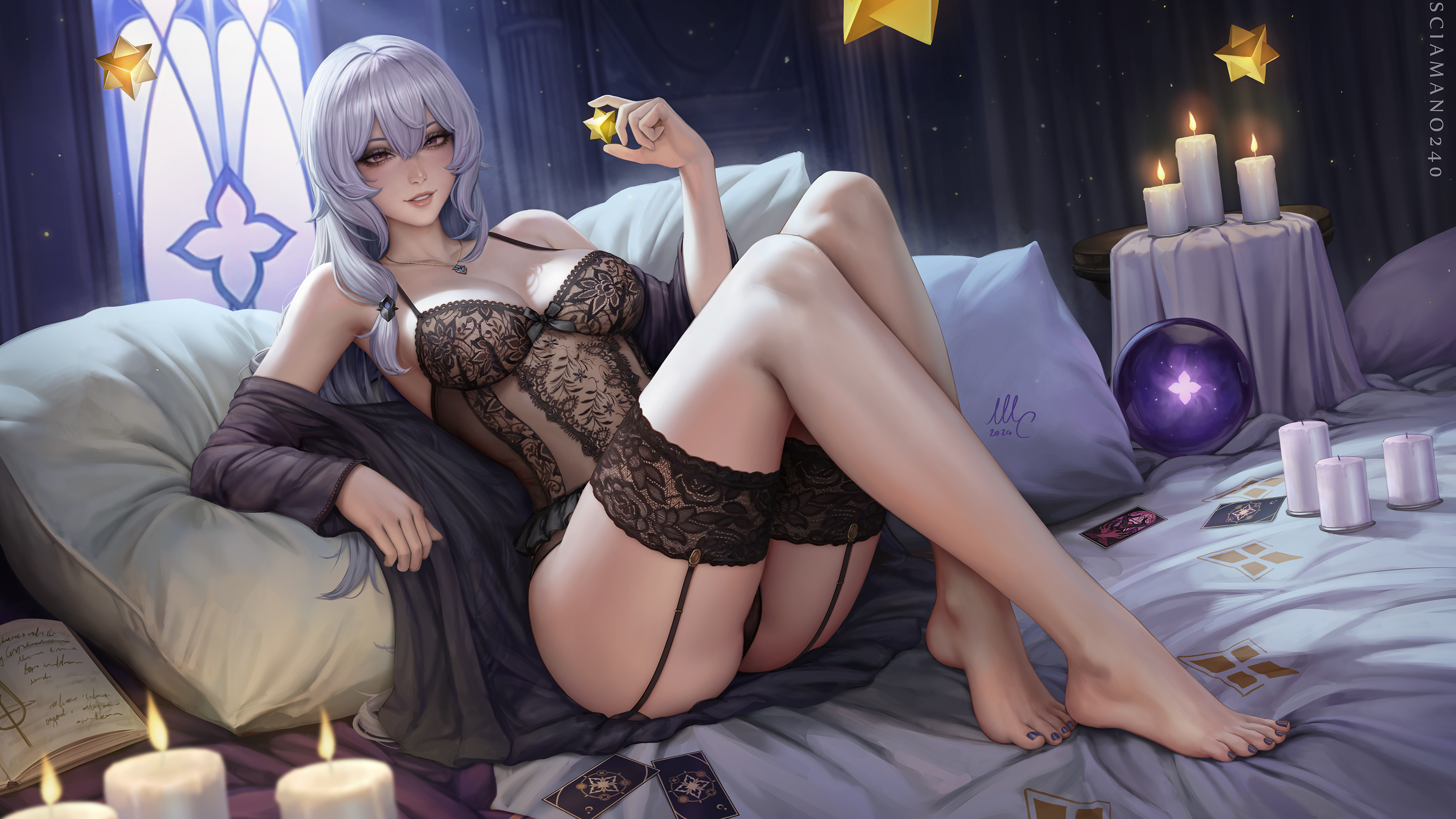 artist name, bare shoulders, barefoot, black nails, black panties, black swan (honkai: star rail), book, breasts, candle, card, cg, cleavage, feet, female, full body, garter straps, grey hair, hair between eyes, holding, honkai: star rail, indoors, jewelry, lace trim, large breasts, legs, lingerie, long hair, looking at viewer, nail polish, necklace, off shoulder, panties, parted lips, pillow, sciamano240, sitting, smile, solo, thighhighs, thighs, toenail polish, toenails, toes, underwear, white hair