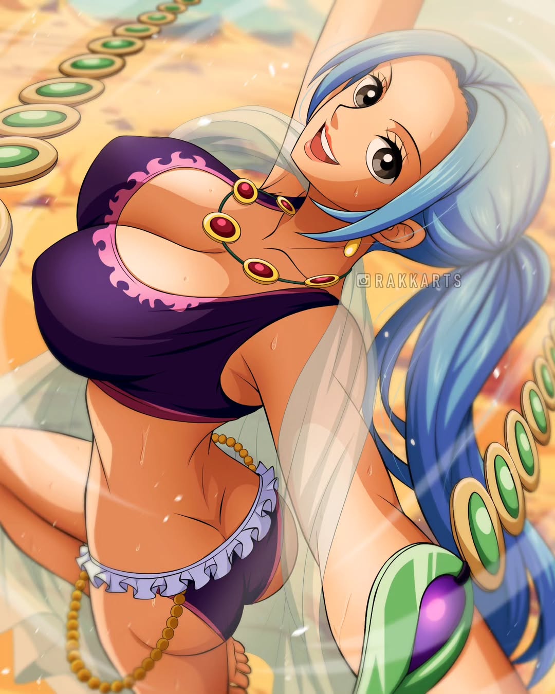 1girls, ass, back, bare back, belly dancer outfit, big ass, blue hair, blue-haired female, breasts, butt crack, cleavage, covered nipples, dancer, dancing, female, female only, from behind, grey eyes, large breasts, leg up, median furrow, nefertari vivi, one piece, outdoors, ponytail, rakara11, rakkarts