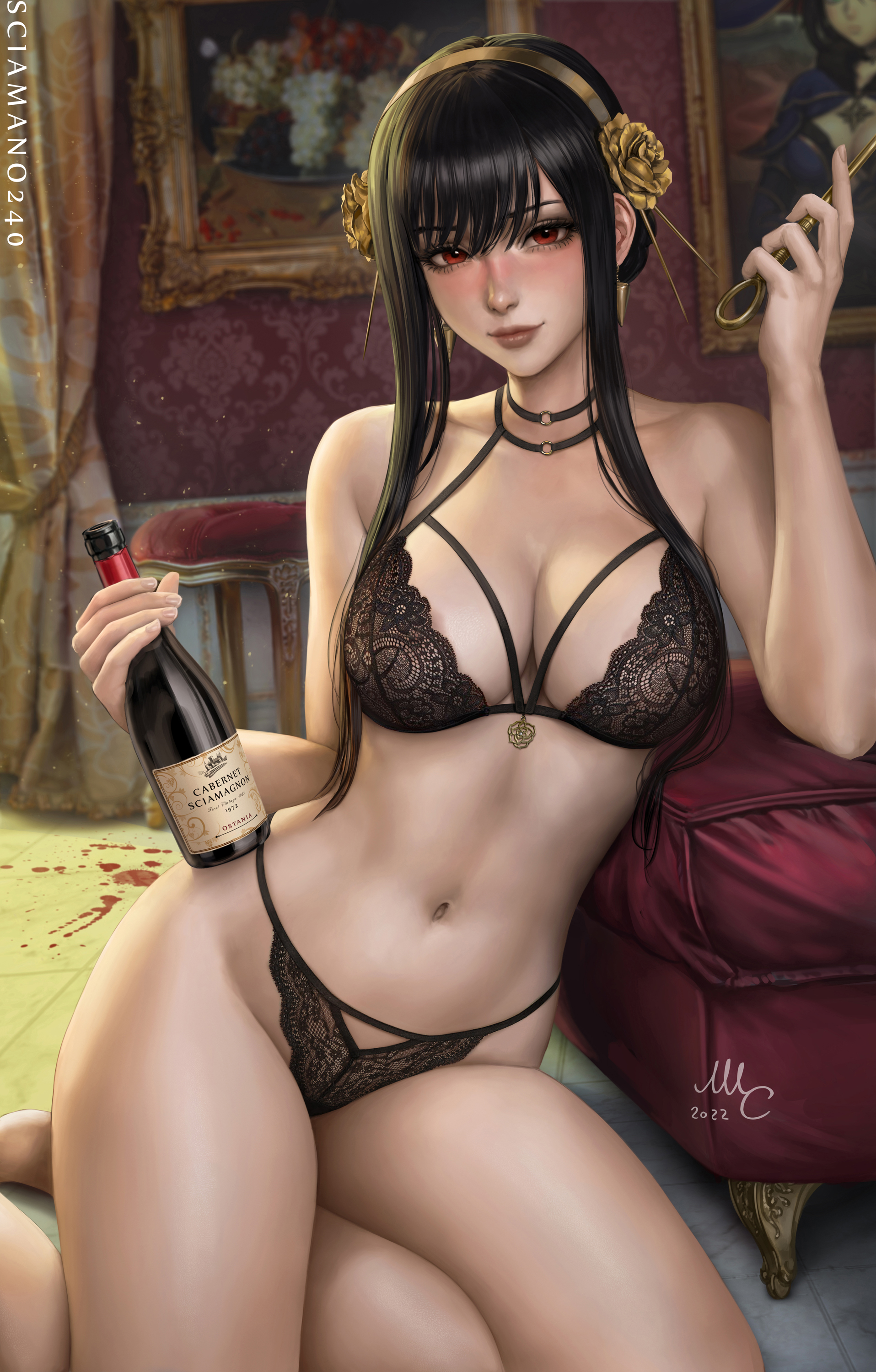 artist name, bare shoulders, black bra, black choker, black hair, black panties, blood, blush, bottle, bra, breasts, cg, choker, cleavage, closed mouth, curtains, dagger, female, flower, gold earrings, gold hairband, hair flower, hair ornament, hairband, holding, holding bottle, holding dagger, holding knife, holding weapon, indoors, jewelry, knife, lace bra, lace trim, lace-trimmed bra, large breasts, lingerie, lips, long hair, looking at viewer, navel, panties, patreon username, red eyes, rose, sciamano240, sidelocks, signature, sitting, smile, solo, spy x family, stiletto (weapon), stomach, thighs, thorn princess, underwear, underwear only, weapon, web address, wine bottle, yokozuwari, yor briar, yor forger