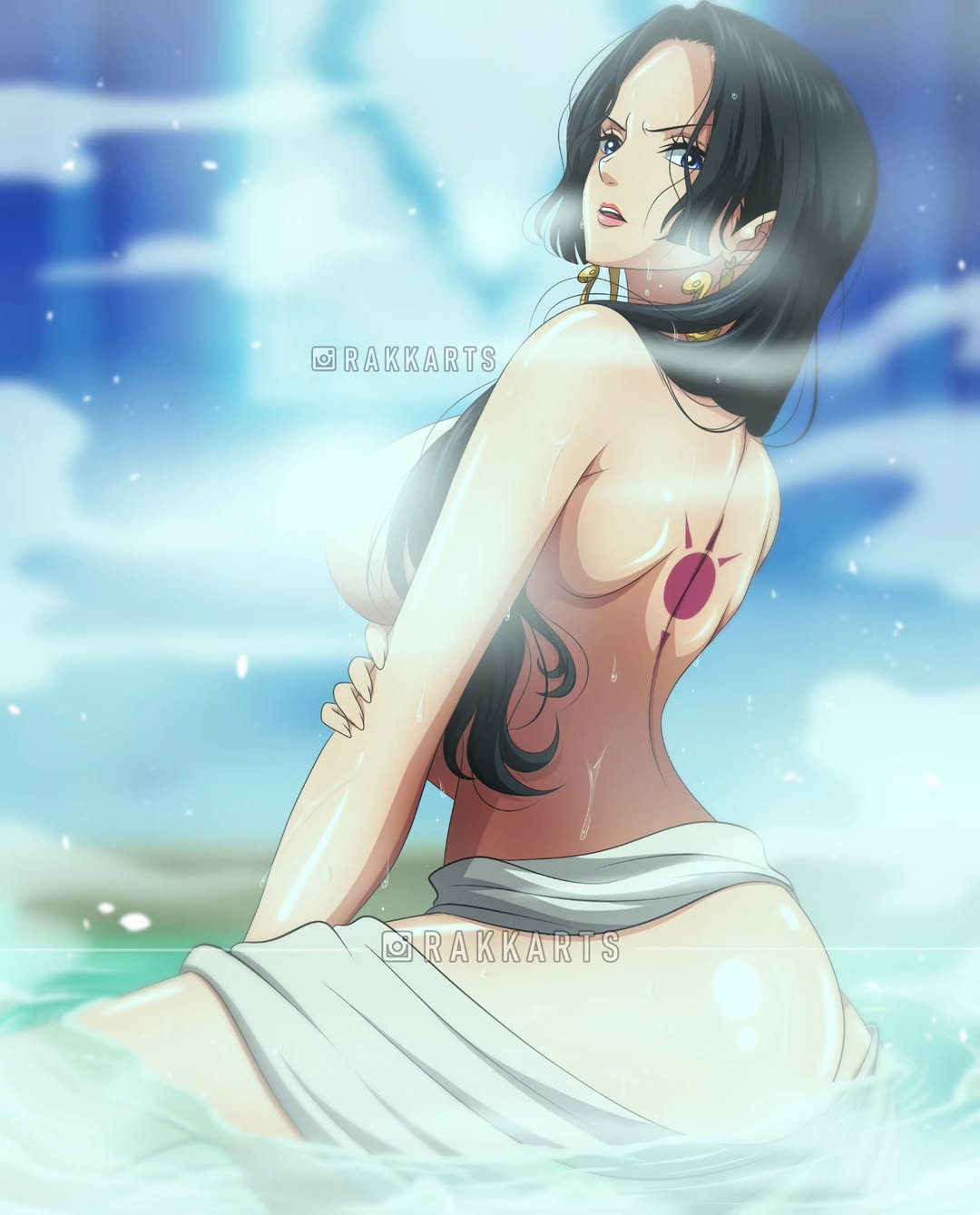 1girls, back tattoo, bathing, black hair, black-haired female, boa hancock, female, female only, median furrow, one piece, rakara11, rakkarts, towel, water