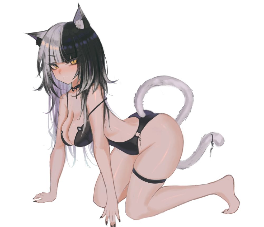 1girls, adult, adult female, all fours, animal ear fluff, animal tail, arm support, ass, bare calves, bare chest, bare hands, bare hips, bare knees, bare legs, bare shoulders, bare soles, bare thighs, barefoot, big breasts, bikini, black bikini, black fingernails, black hair, black nail polish, black nails, black one-piece swimsuit, black swimsuit, black swimwear, black thighband, black-haired female, blank expression, blank eyes, blank stare, blunt bangs, breasts, busty, busty female, cat ears, cat girl, cat tail, catgirl, cleavage, curvaceous, curvaceous body, curvaceous female, curvaceous figure, curvaceous hips, curvy, curvy body, curvy female, curvy figure, curvy hips, digital, digital art, digital drawing, digital drawing (artwork), digital media, digital media (artwork), emotionless, exposed arms, exposed chest, exposed hips, exposed legs, exposed shoulders, exposed skin, exposed thighs, exposed toes, eyebrows visible through hair, feet, female, female focus, female only, fingernails, fingers, full body, groin, hanging breasts, high resolution, highres, hololive, hololive english, hololive english -advent-, hourglass figure, knees, large boobs, large breasts, lean figure, legs, long hair, looking at viewer, mature, mature female, nail polish, nails, narrow waist, neutral expressionanimal ears, one-piece swimsuit, plump breasts, s7nsles, shiori novella, shoulders, simple background, sitting, slender body, slender waist, slim waist, solo, swimsuit, swimwear, thick thighs, thighband, thighs, toes, virtual youtuber, vtuber, vtuberfanart, white background, white hair, white-haired female, wide hips, yellow eyes, yellow-eyed female