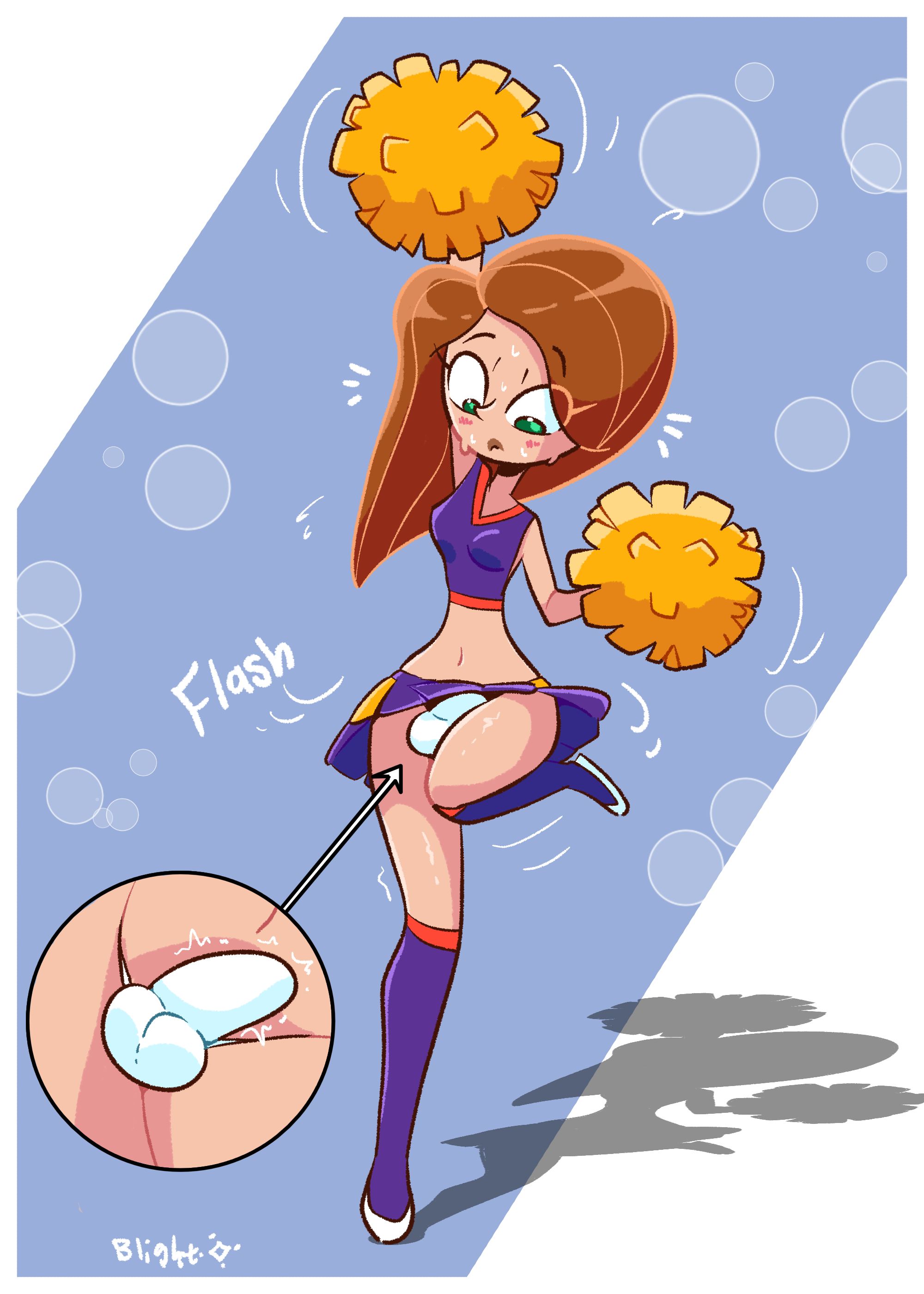 1futa, accidental exposure, accidental flashing, blightstar, brown hair, bulge, cheerleader, flashing, futa only, futanari, intersex, kim possible, kimberly ann possible, one leg up, penis, penis in panties, pom poms, skirt lift, solo, suprised, tagme, tight underwear, upskirt, zoom in