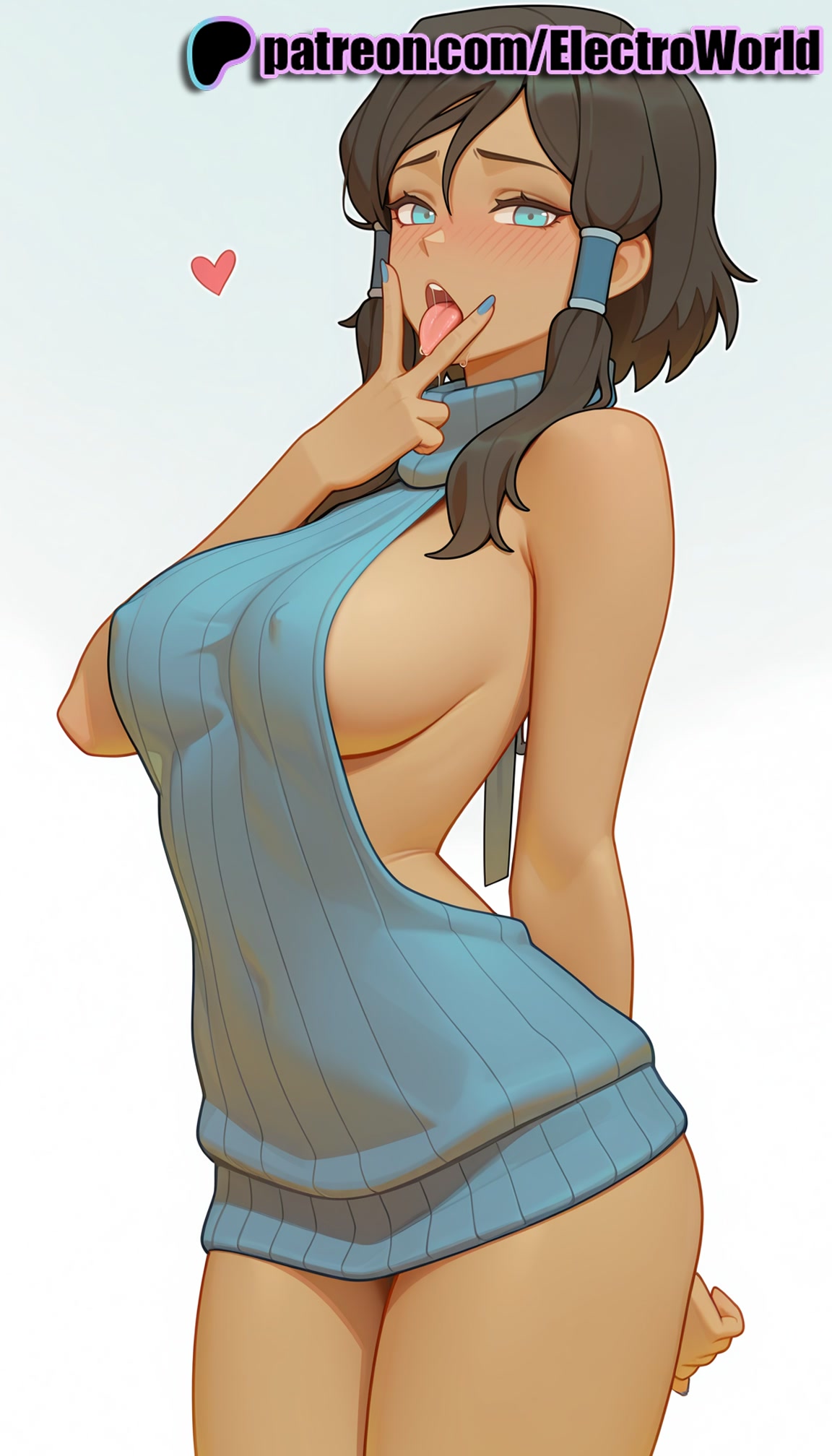 1girls, 2025, ai generated, artist name, avatar legends, bare shoulders, blue eyes, blue nails, blush, breasts, bust, chest, covered nipples, cunnilingus gesture, dark skin, dark-skinned female, electroworld, female, gradient, gradient background, hand to own mouth, heart, hi res, high quality, high resolution, highres, korra, meme attire, nail polish, naked sweater, naughty face, open mouth, patreon, patreon username, ribbed sweater, smile, solo, stable diffusion, sweater, the legend of korra, tongue, turtleneck, virgin killer sweater, watermark