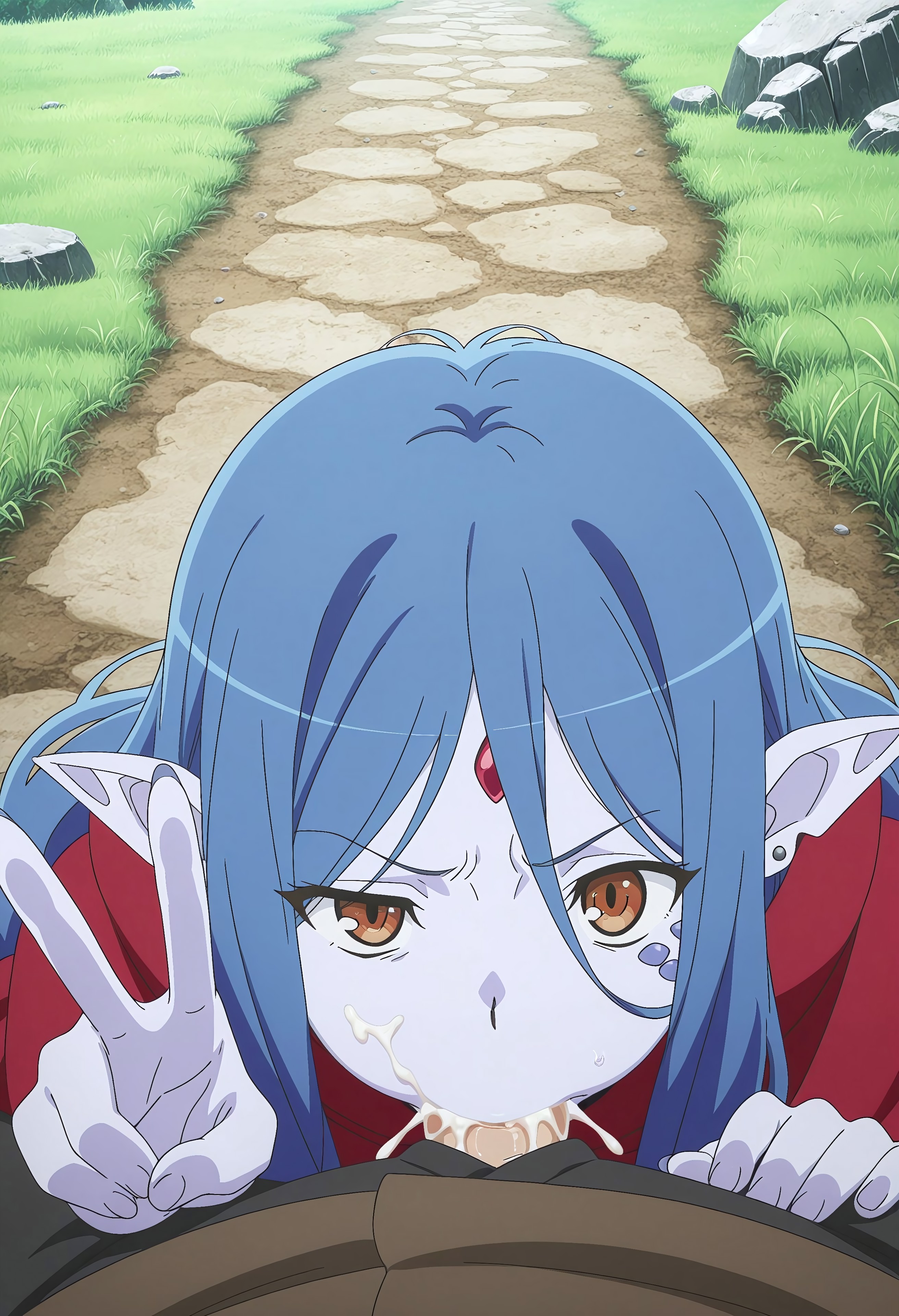 ai generated, blue hair, cum, cum in mouth, dungeon ni deai wo motomeru no wa machigatteiru darou ka, female, long hair, pointy ears, pov, red cloak, v sign, wiene, yellow eyes