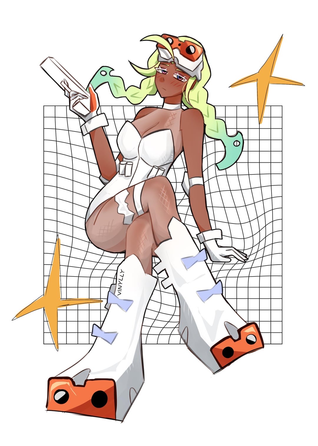 black female, black woman, dark skin, dark-skinned female, female, gunsmith bitch (psg), holding object, legs crossed, looking at viewer, panty & stocking with garterbelt, tagme, yxnyl2