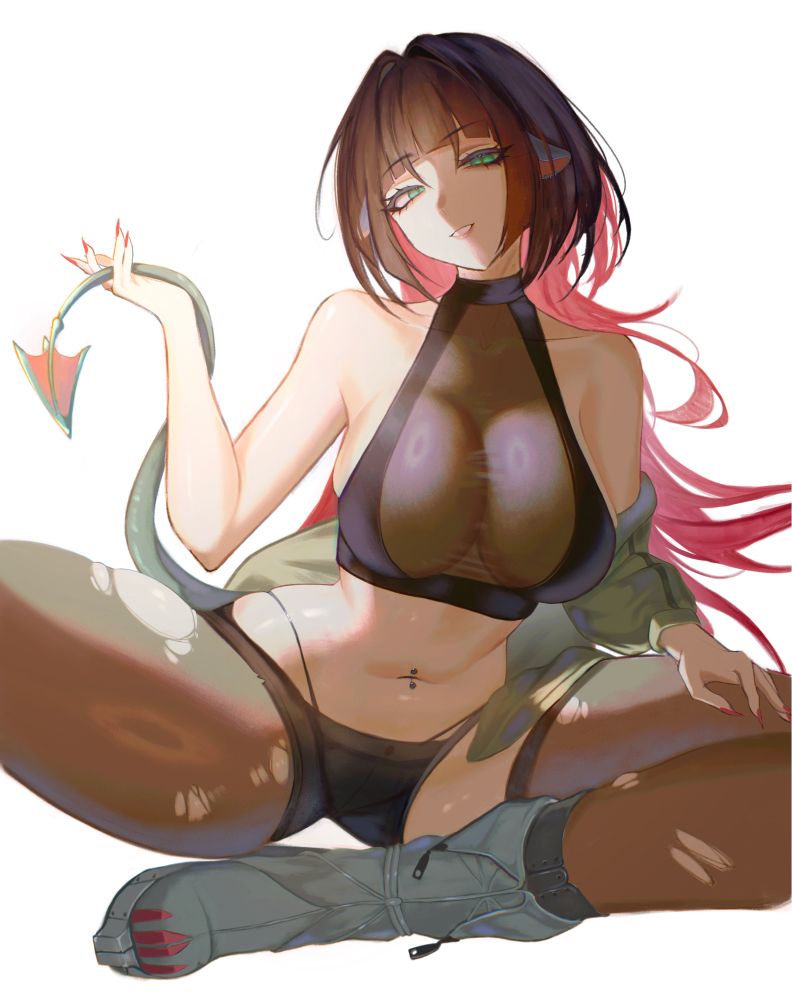 1girls, adult, adult female, belly, belly button, belly button piercing, bewitching thighs, big breasts, black hair, black-haired female, blunt bangs, boots, breasts, brown legwear, brown stockings, brown thigh highs, brown thighhighs, busty, busty female, child bearing hips, cleavage, collarbone, digital, digital art, digital drawing, digital drawing (artwork), digital media, digital media (artwork), elbows, eyebrows visible through hair, female, female focus, female only, fingernails, fingers, full body, green eyes, green-eyed female, groin, happy, head tilt, high resolution, highres, hourglass figure, jane doe (zenless zone zero), large boobs, large breasts, lean figure, legs, legs apart, legwear, lips, long hair, looking at viewer, mature, mature female, midriff, multicolored hair, nail polish, nails, narrow waist, navel, navel piercing, navel piercings, parted lips, pierced belly button, pierced navel, pink fingernails, pink hair, pink nail polish, pink nails, pink-haired female, plump breasts, ripped legwear, ripped stockings, ripped thigh highs, ripped thighhighs, s7nsles, shoulders, simple background, sitting, slender body, slender waist, slim waist, smile, smiley face, smiling at viewer, solo, spread legs, stockings, tail, thick thighs, thigh highs, thighhighs, thighs, thong, tilted head, torn legwear, torn stockings, torn thigh highs, torn thighhighs, white background, wide hips, zenless zone zero