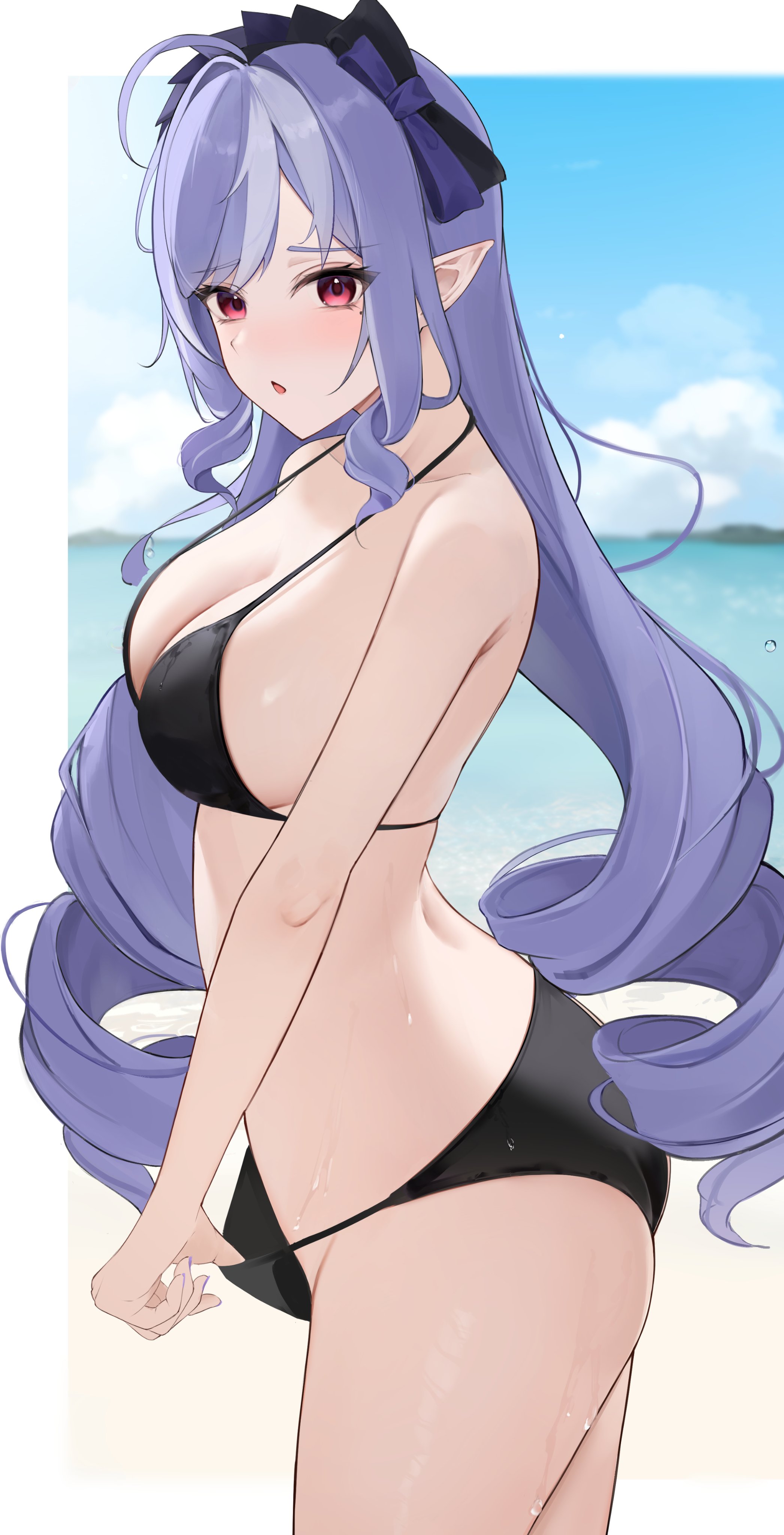 1girls, beach, bikini, black bikini, bra, female, kirishe1101, long hair, pulling bikini string, purple hair, red eyes, vivian (zenless zone zero), vivian banshee, zenless zone zero