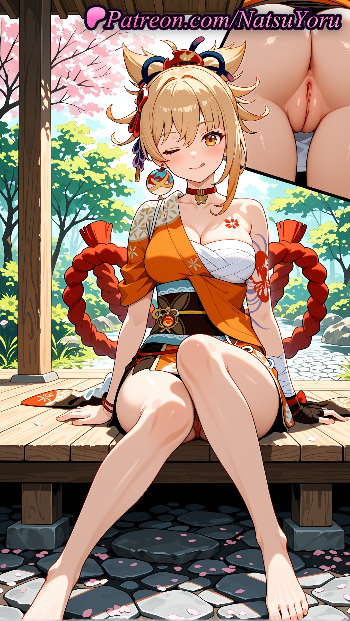 1girls, 2025, ai generated, anus, arm tattoo, ass, bandages, barefoot, blonde hair, breasts, chest sarashi, chest tattoo, choker, cleavage, feet, female, genshin impact, gloves, hair ornament, hi res, highres, hoyoverse, japanese clothes, kimono, looking at viewer, mihoyo, mihoyo technology (shanghai) co. ltd., natsuyoru, obi, one eye closed, orange kimono, oshiri, patreon, pussy, red choker, sarashi, sash, sitting, smile, solo, tattoo, toenails, toes, tongue, tongue out, vagina, voluptuous, voluptuous female, yoimiya (genshin impact)