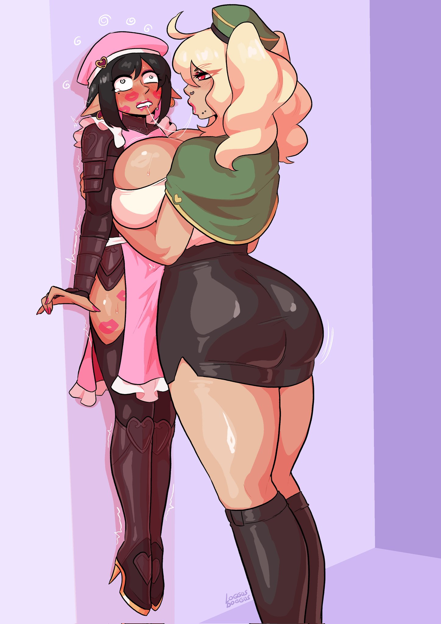 1boy, 1girls, ass, big breasts, bimbo, bimbo lips, black hair, blair (liplockerblair), blonde hair, blush, breasts, crossdressing, dark skin, dark-skinned femboy, dark-skinned male, dark-skinned sissy, elf, elf ears, elf male, female, femboysub, girly, hat, height difference, hi res, high heel boots, how to talk to short people, huge breasts, kiss mark, kiss mark on face, lipstick mark, lipstick on face, loggus doggus, long hair, male, nose ring, piercing, pink hair, red lipstick, saliva string, thick ass, thick thighs, twintails, two-tone hair