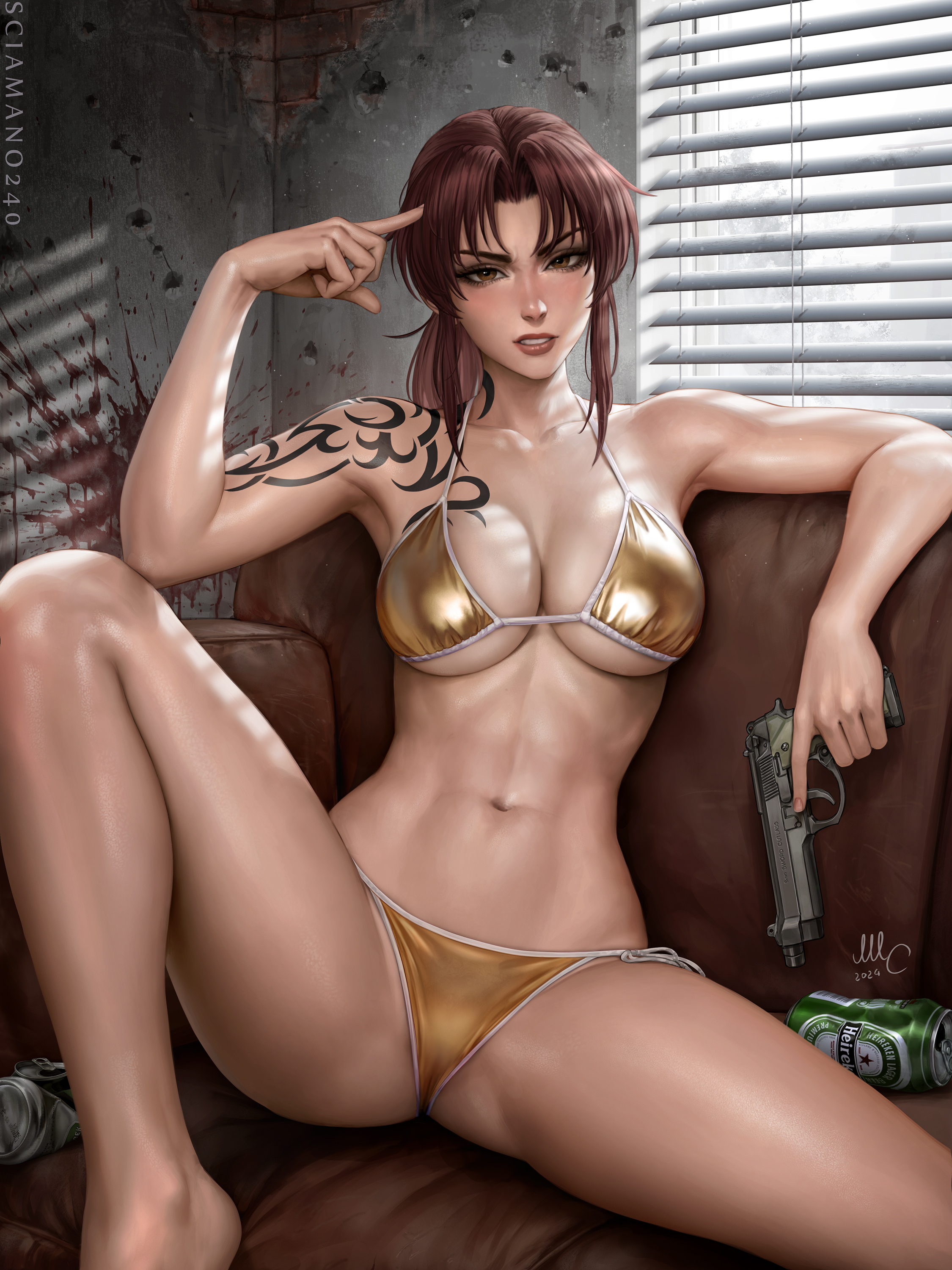abs, arm tattoo, armpits, artist name, bare arms, bare legs, bare shoulders, barefoot, bikini, black lagoon, blood, blood splatter, breasts, brown eyes, brown hair, can, cg, cleavage, collarbone, couch, dated, female, gold bikini, gun, handgun, holding, holding gun, holding weapon, indoors, large breasts, lips, long hair, looking at viewer, navel, on couch, parted lips, ponytail, revy, sciamano240, shoulder tattoo, side-tie bikini bottom, signature, sitting, solo, spread legs, stomach, swimsuit, tattoo, thighs, toned, weapon, window, window blinds