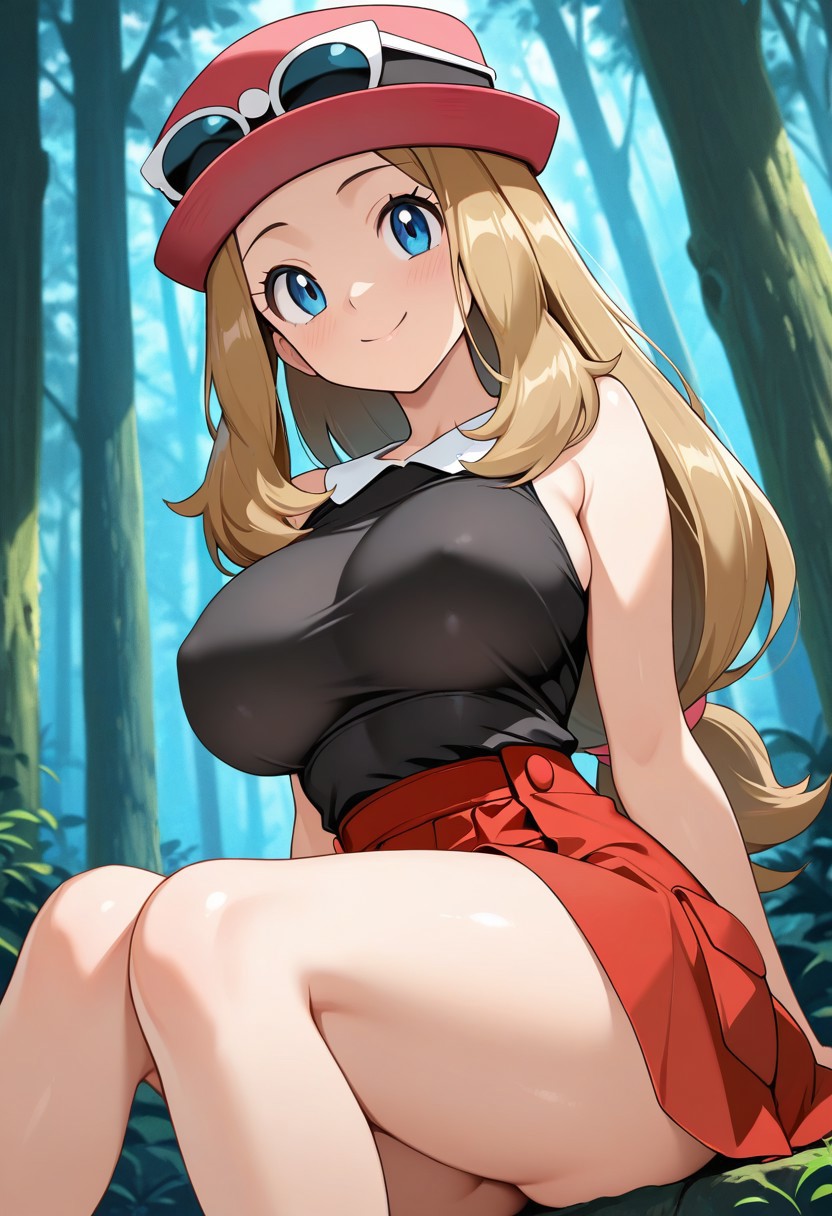 1girls, 2025, 2025s, 2d, 2d (artwork), ai generated, big breasts, black shirt, blonde female, blonde hair, blue eyes, breasts, clothed, clothing, creatures (company), female, female only, game freak, hat, human, human female, human only, light skin, light-skinned female, looking at viewer, nai diffusion, nintendo, nipples, nipples visible through clothing, pokemon, pokemon xy, red skirt, serena (pokemon), sitting, skirt, smile, solo, solo female, stable diffusion, sunglasses on hat, video game, video game character