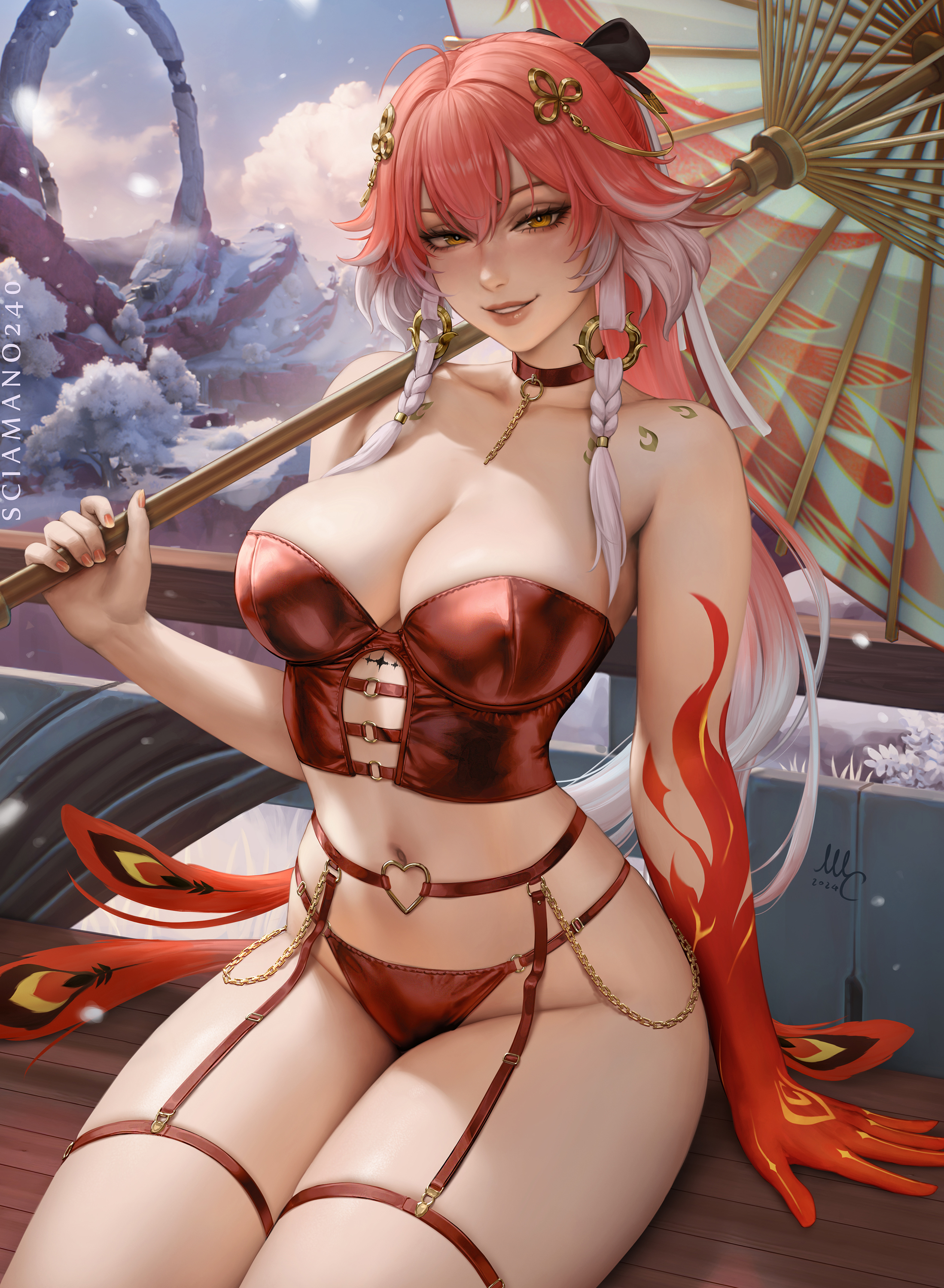 artist name, bare shoulders, braid, breasts, cg, changli (wuthering waves), choker, cleavage, corset, female, gradient hair, hair ornament, holding, holding umbrella, large breasts, long hair, looking at viewer, multicolored hair, navel, oil-paper umbrella, panties, pink hair, ponytail, red hair, red panties, sciamano240, sitting, smile, snow, solo, thigh strap, thighs, umbrella, underwear, white hair, wuthering waves, yellow eyes