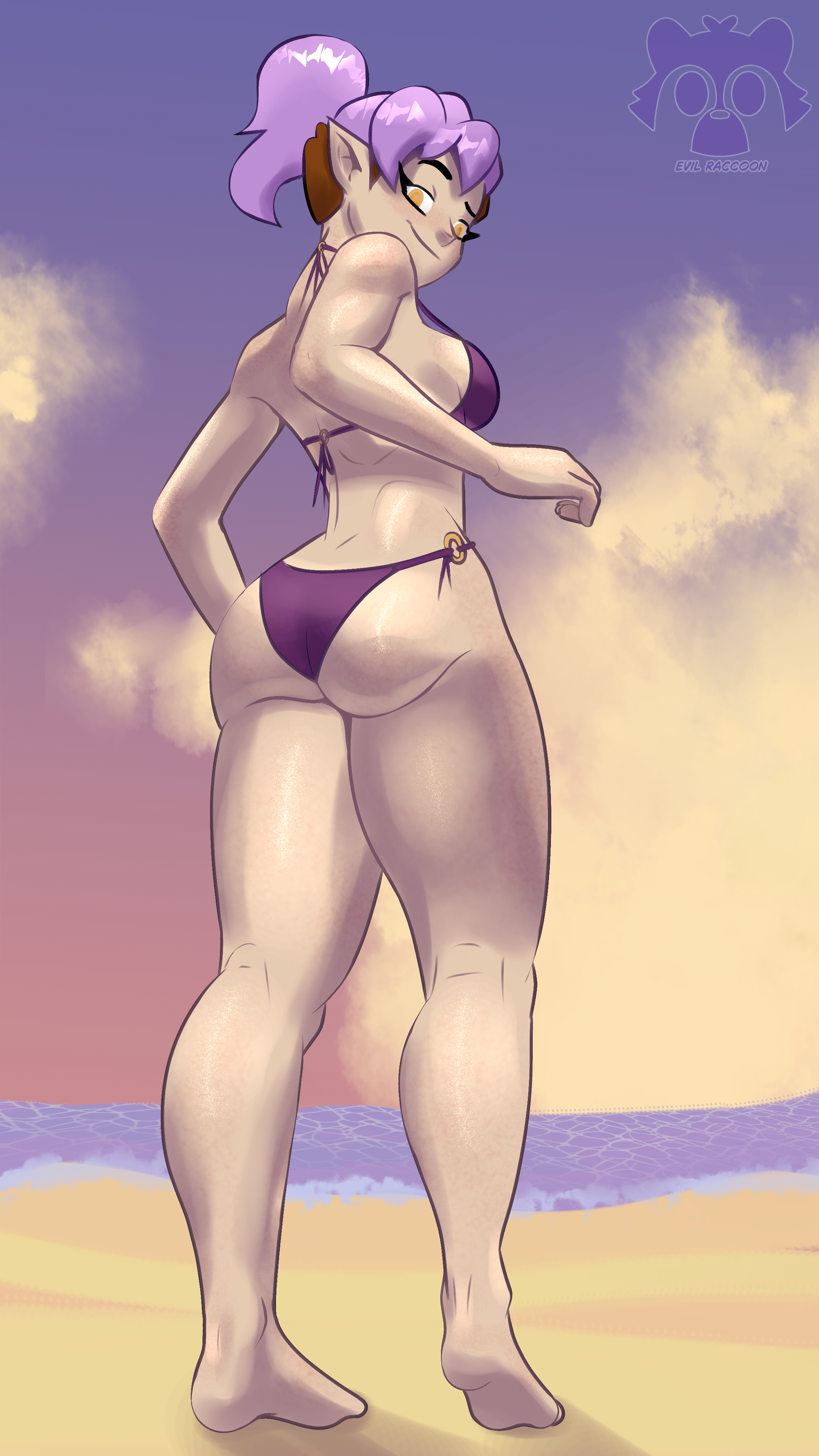 1girls, amity blight, ass, ass focus, barefoot, beach, big ass, bikini, disney, dyed hair, evil raccoon, feet, female, female only, massive ass, micro bikini, pale skin, pointy ears, ponytail, purple hair, solo, the owl house, the owl house (finale), thick ass, thick thighs, witch