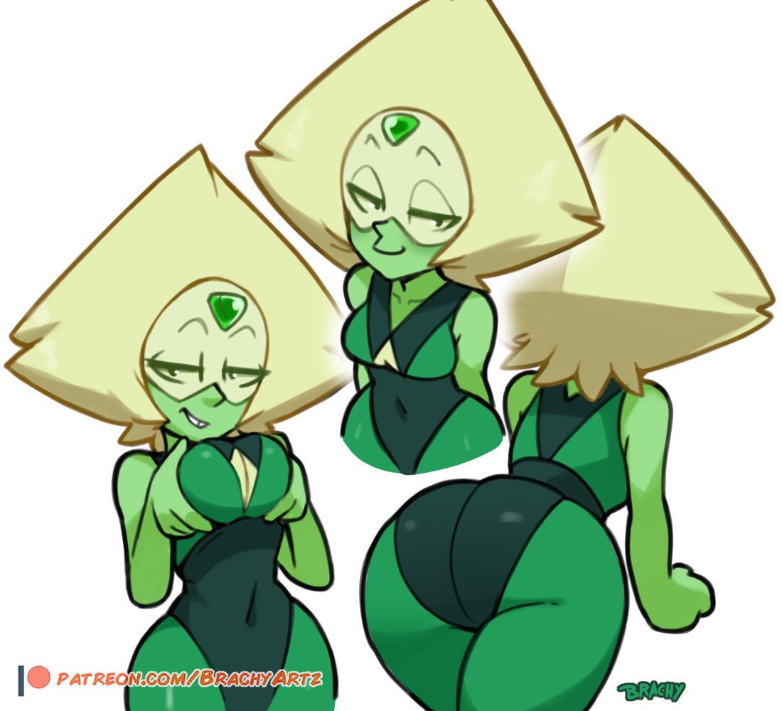 alien, alien girl, alien humanoid, back view, big ass, brachyzoid, breasts, female, gem (species), green body, green skin, holding breast, huge ass, looking at viewer, peridot (steven universe), short stack, shortstack, steven universe, thick, thick ass, thick thighs, tight clothing