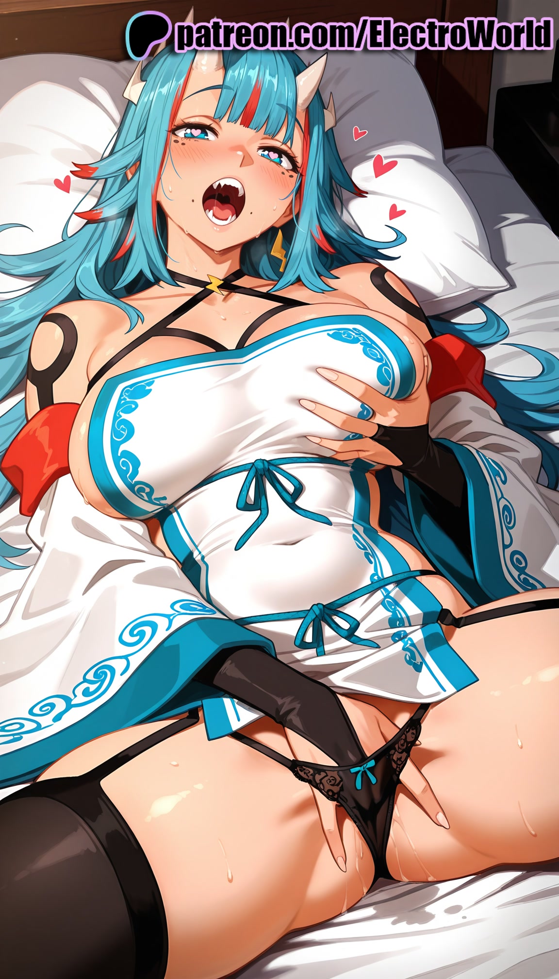 1girls, 2025, ai generated, artist name, bed, big breasts, big chest, black panties, blue hair, blush, breasts, bust, busty, chest, electroworld, female, fingering, garter straps, hi res, high quality, high resolution, highres, kuusetsu, large breasts, laying down, legs apart, legs spread, long hair, lying, lying on back, masturbation, mato seihei no slave, multicolored hair, on back, on bed, open legs, open mouth, panties, patreon, patreon username, pillow, solo, splayed legs, spread legs, stable diffusion, thighhighs, underwear, watermark