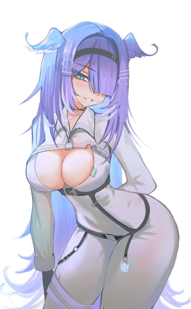 1girls, arm behind head, bewitching thighs, big breasts, blue eyebrows, blue hair, blue-haired female, bodysuit, breasts, busty, busty female, child bearing hips, cleavage, curvaceous, curvaceous body, curvaceous female, curvaceous figure, curvaceous hips, curvaceous thighs, curvy, curvy body, curvy female, curvy figure, curvy hips, curvy thighs, digital drawing, digital media, elira pendora, elira pendora (4th costume), eyebrows visible through hair, female, female focus, female only, hair between eyes, hair over one eye, hairband, hand behind head, head tilt, high resolution, highres, hourglass figure, large boobs, large breasts, lean figure, leaning forward, long hair, looking at viewer, narrow waist, nijisanji, nijisanji en, parted lips, plump breasts, s7nsles, shoulders, simple background, slender body, slender waist, slim waist, smile, smiley face, smiling at viewer, solo, standing, thick thighs, thighs, tilted head, upper body, virtual youtuber, white background, wide hips