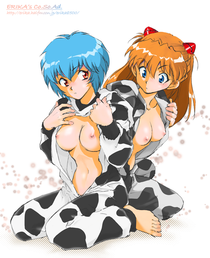 00s, 2009, 2girls, animal costume, animal print, asuka langley sohryu, ayanami rei, barefoot, blue eyes, blue hair, breast envy, breast size difference, breasts, cow costume, cow girl, cow print, feet, female, full body, hairpods, long hair, looking at breasts, medium breasts, multiple females, multiple girls, navel, neon genesis evangelion, new year, nipples, open clothes, open shirt, orange hair, red eyes, rei ayanami, shibata masahiro, shirt, short hair, sitting, small areolae, small breasts, small nipples, souryuu asuka langley, wariza