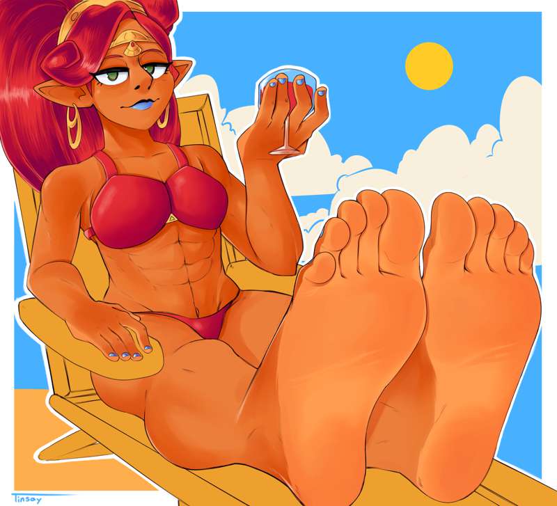 1girls, abs, barefoot, bikini, blue lipstick, bottomwear, breath of the wild, clothed, clothing, countershade feet, dark skin, dark-skinned female, earrings, feet, female, female only, foot fetish, foot focus, gerudo, green eyes, humanoid, jewelry, lowres, nintendo, red hair, sitting, soles, solo, the legend of zelda, tinsay (artist), toned, toned female, topwear, urbosa, wine, wine glass